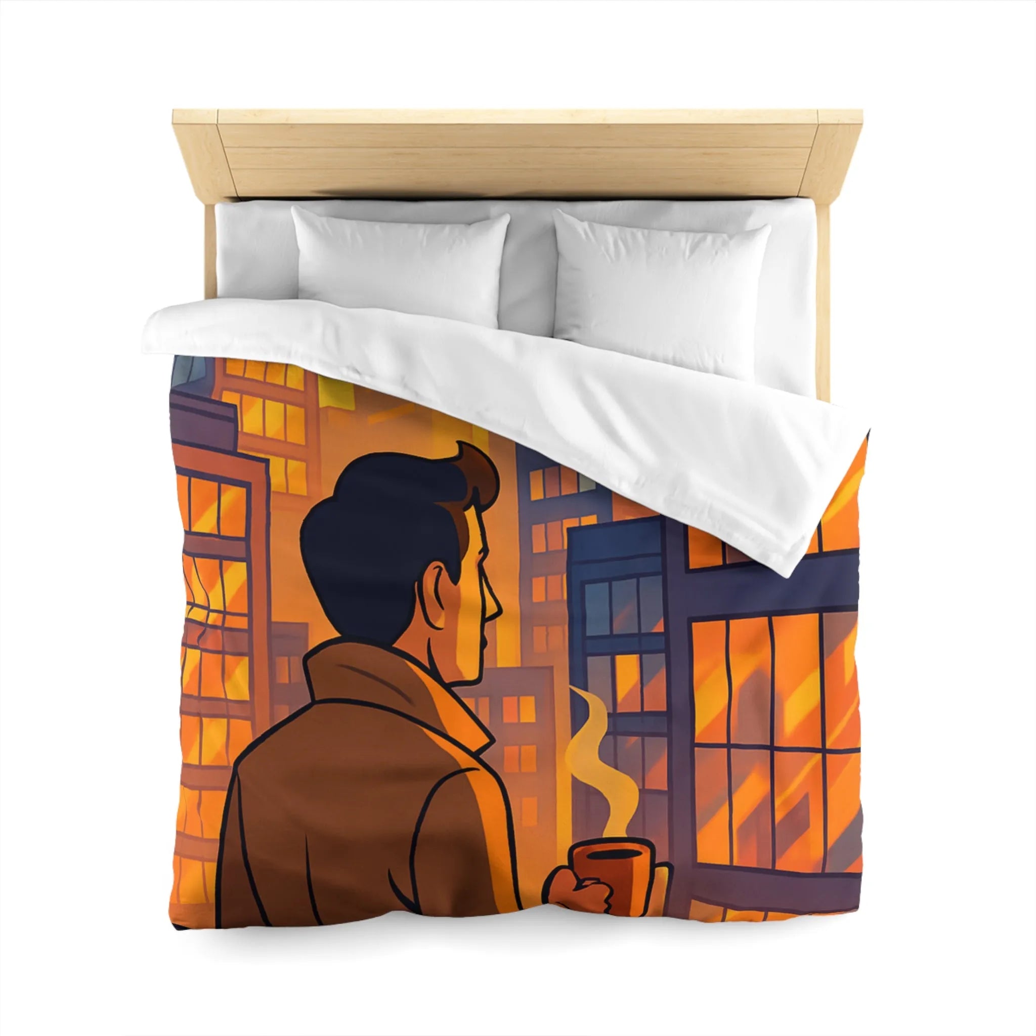 Housse de couette avec illustration urbaine au coucher de soleil et silhouette masculine