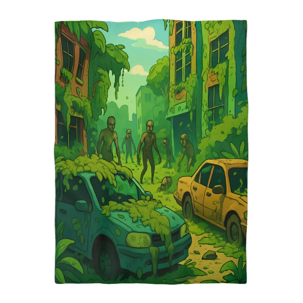 Housse de couette avec zombies et nature envahissante dans ville post-apocalyptique verte