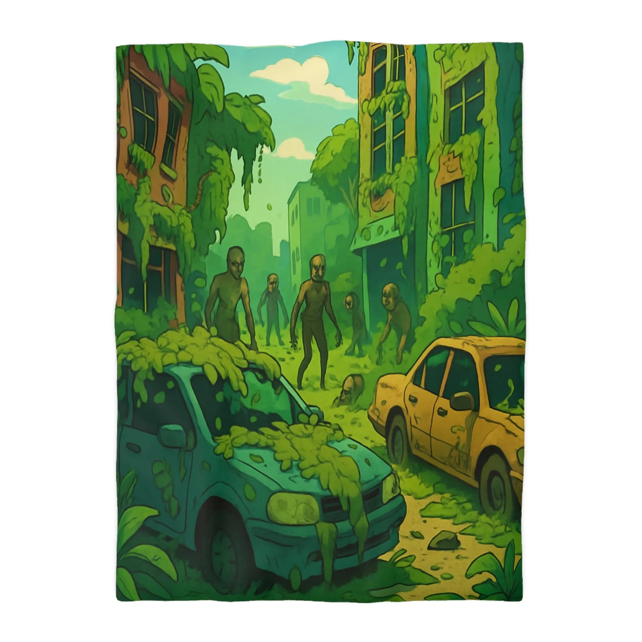 Housse de couette avec zombies et nature envahissante dans ville post-apocalyptique verte