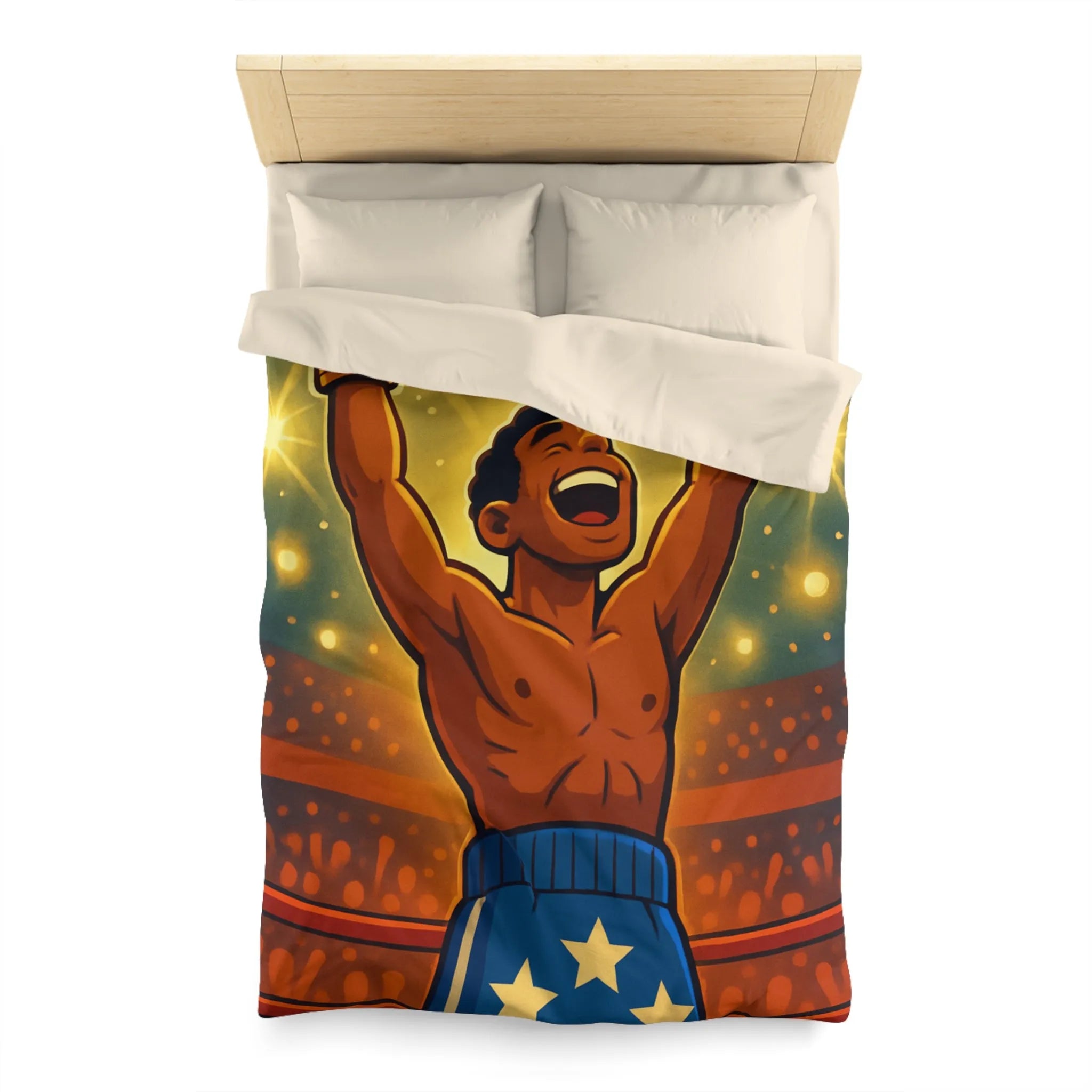 Housse de couette colorée avec boxeur victorieux et étoiles lumineuses illustrées