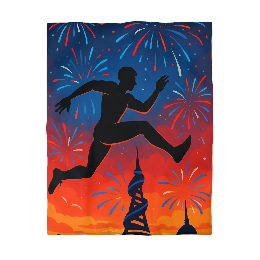 Housse de couette avec silhouette sportive et feux d'artifice, ambiance nocturne colorée