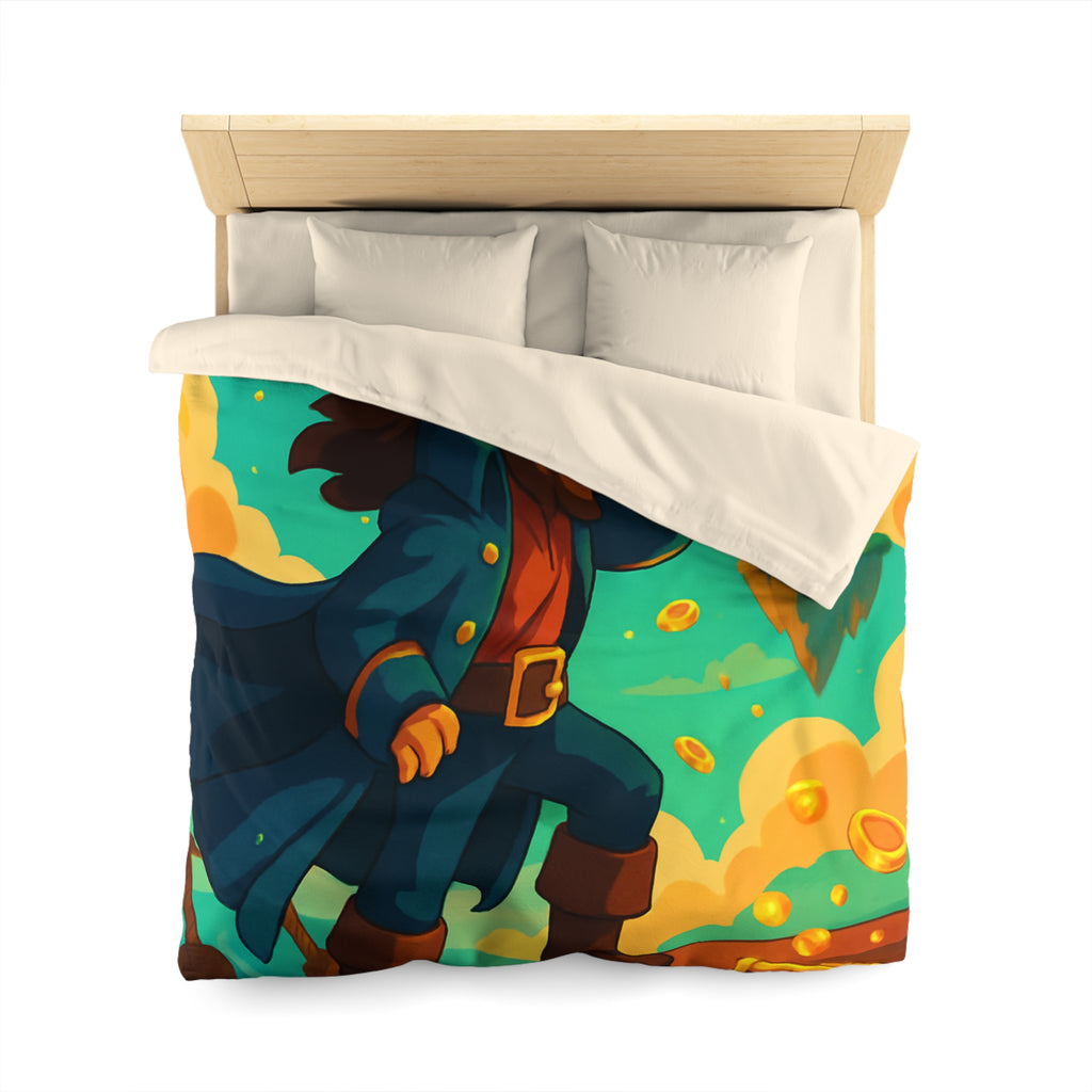Housse de couette pirate vibrant bleu avec trésor doré et nuages flottants