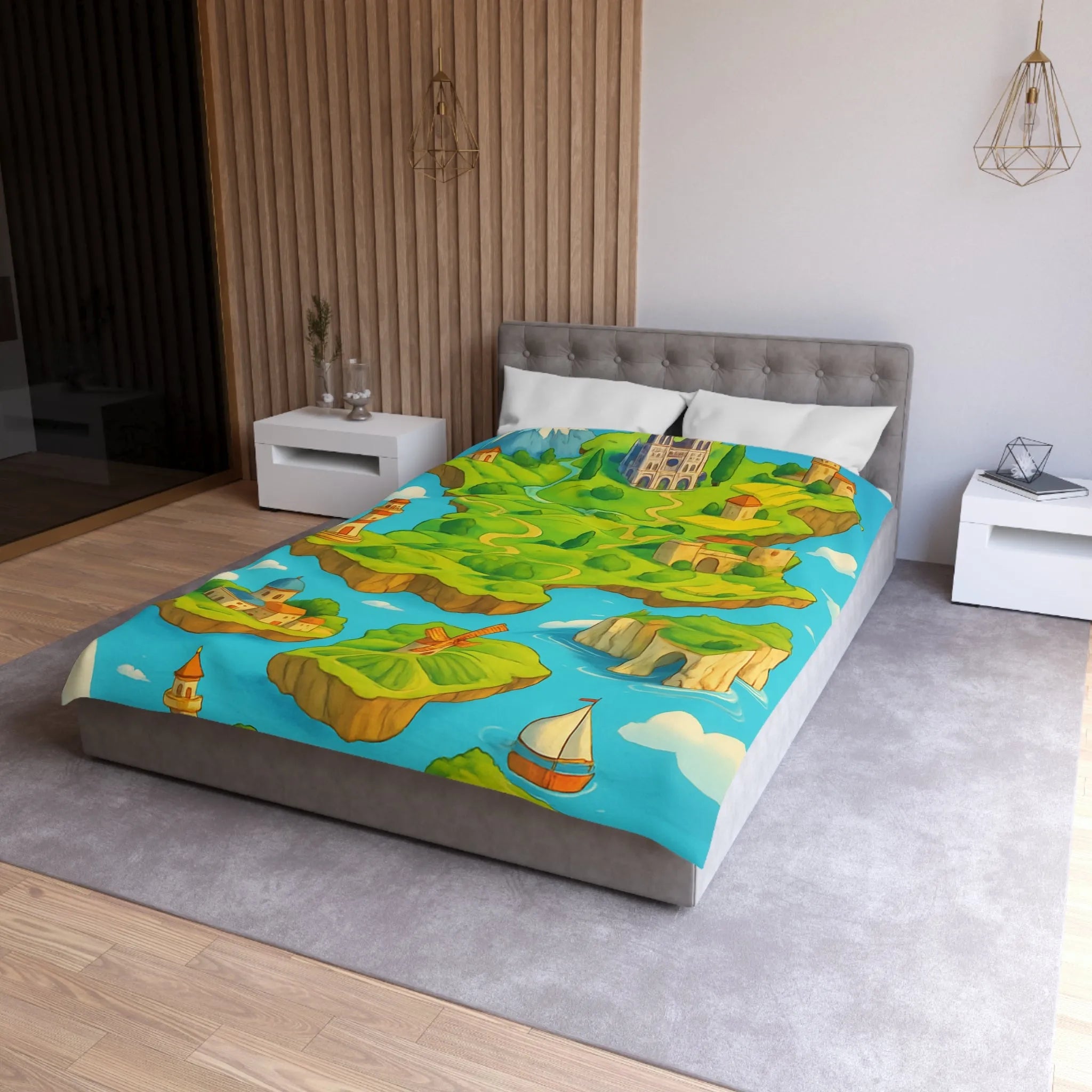 Housse de Couette Fantaisie Île Flottante Paysage Coloré Mer Moulins et Phare