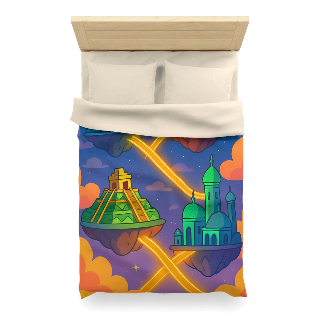 Housse de couette colorée avec design fantastique de villes flottantes lumineuses et oniriques