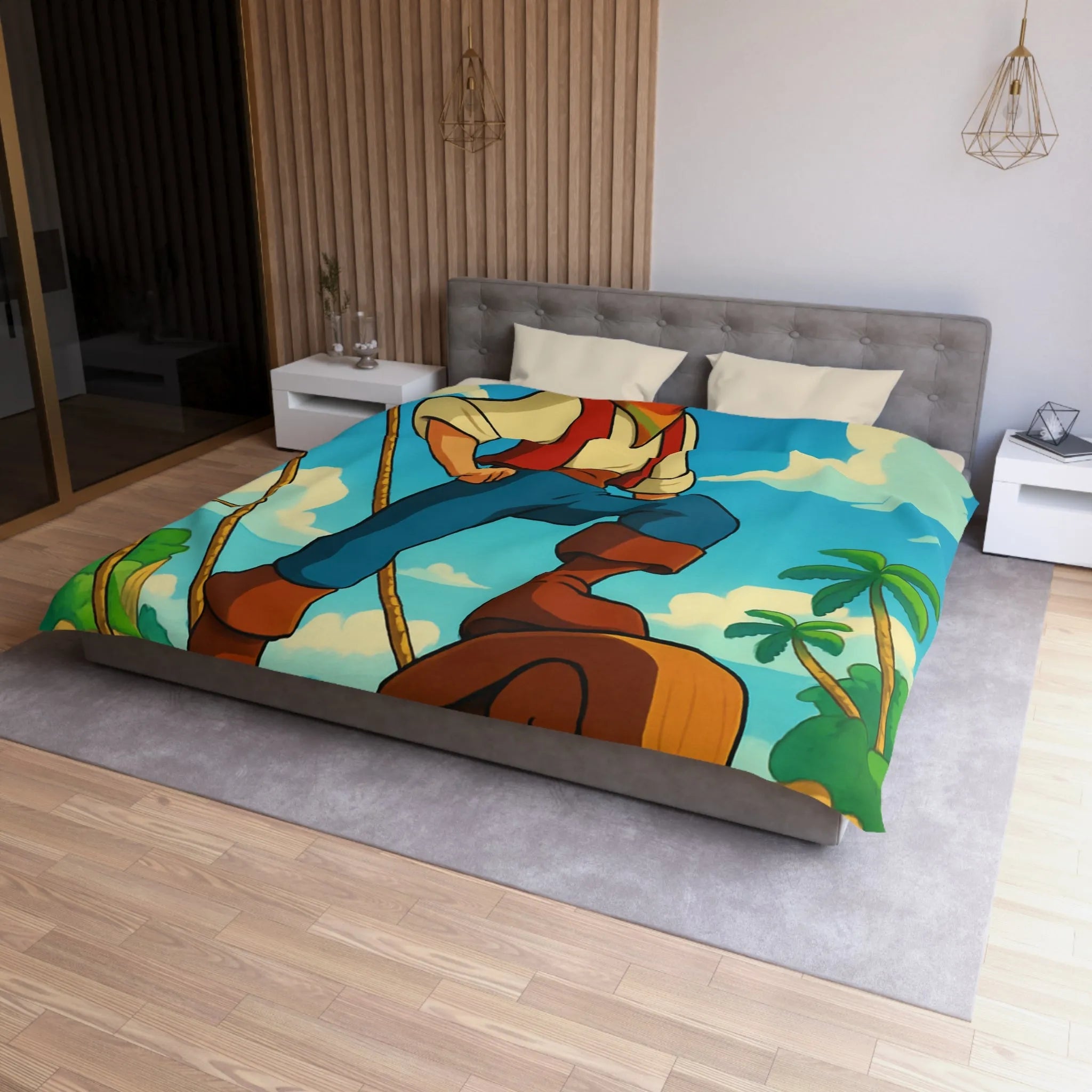 Housse de couette avec illustration de marin aventurier naviguant parmi palmiers et mer azur