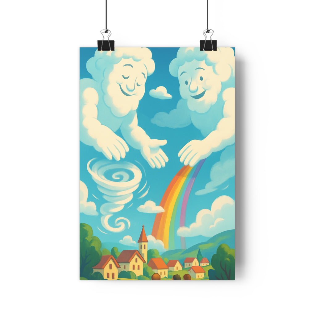 Poster décoratif fantaisie nuage pastel lumineux joyeux enfant chambre créatif village arcenciel tourbillon 30x46