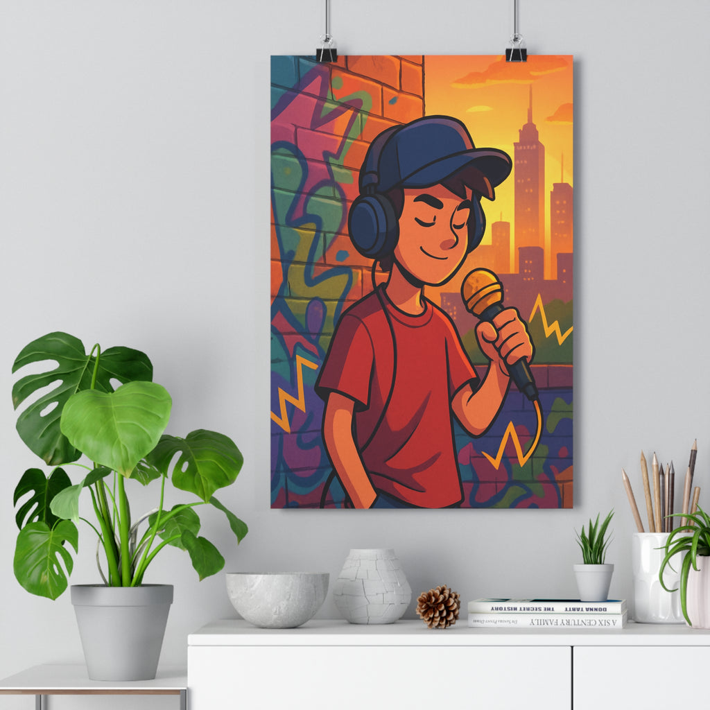 Poster décoratif urbain hiphop jeune rappeur micro doré graffiti vibrant orange jaune cartoon chambre