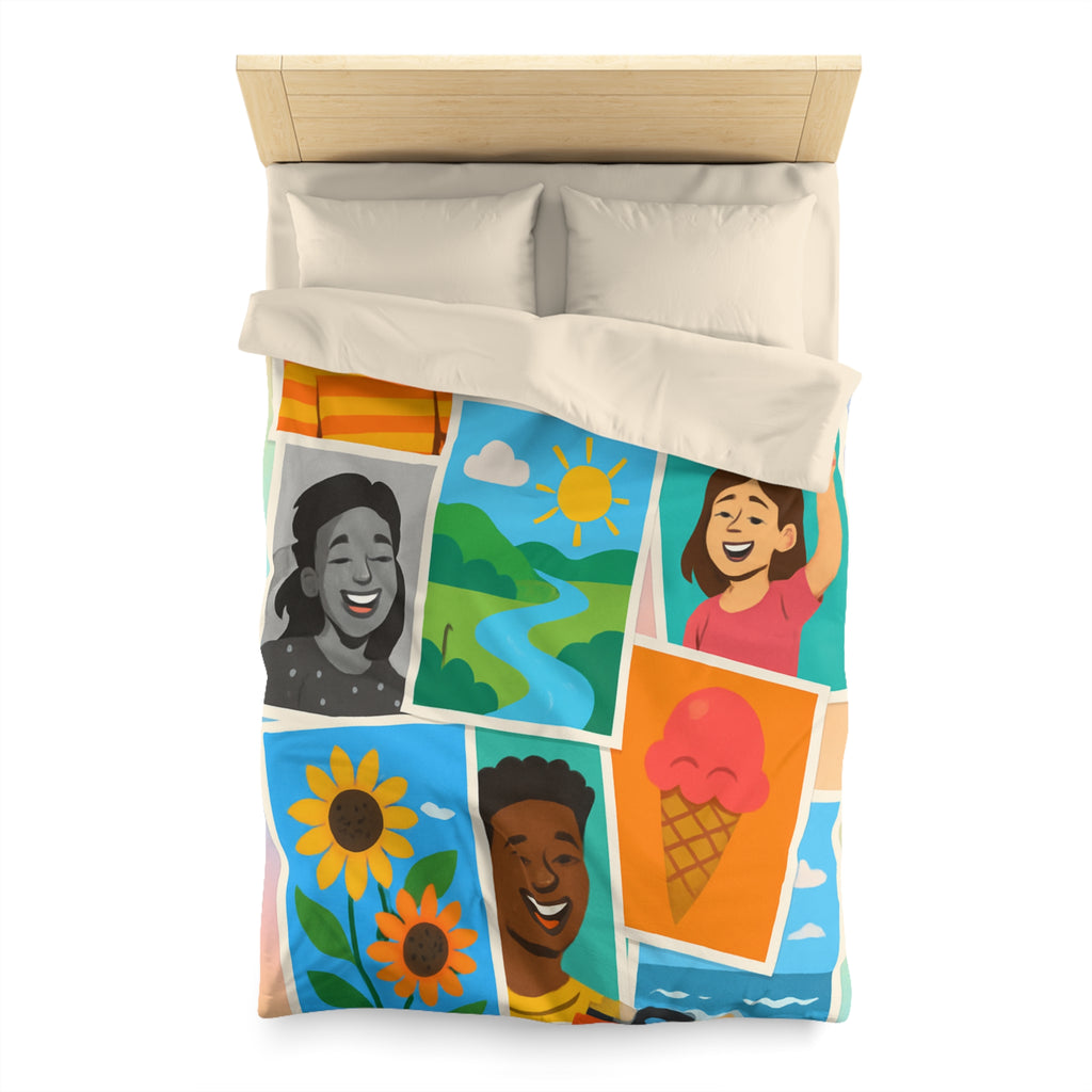 Vibrante housse de couette colorée avec portraits joyeux et paysages ensoleillés pour chambre