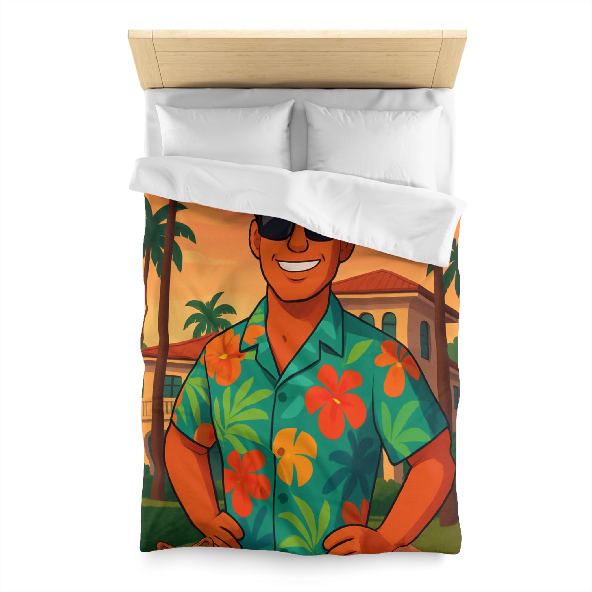 Housse de couette tropicale avec personnage souriant en chemise hawaïenne et palmiers