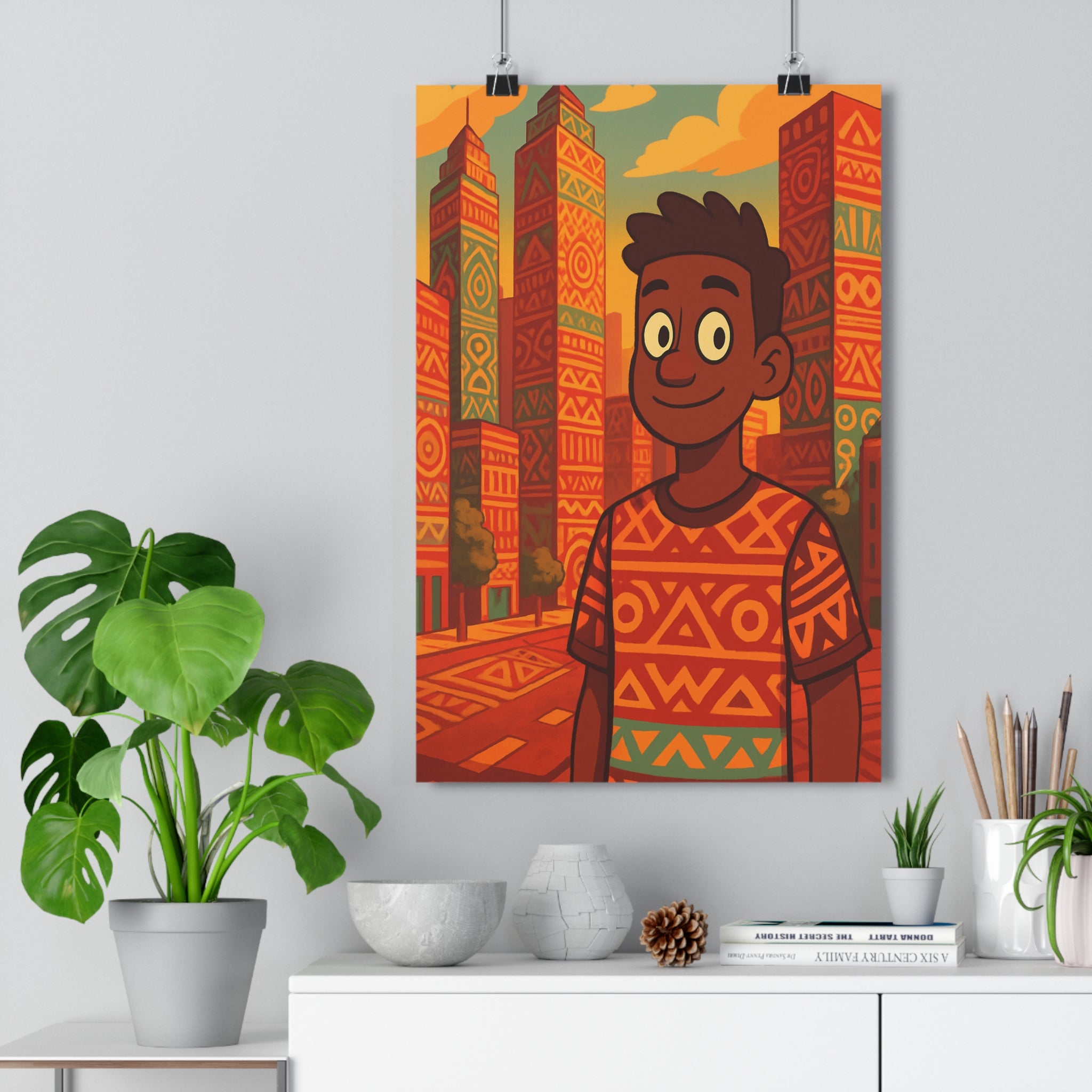 Poster décoratif tribal urbain moderne orange rouge dynamique salon chambre cartoon ambiance chaleureuse style