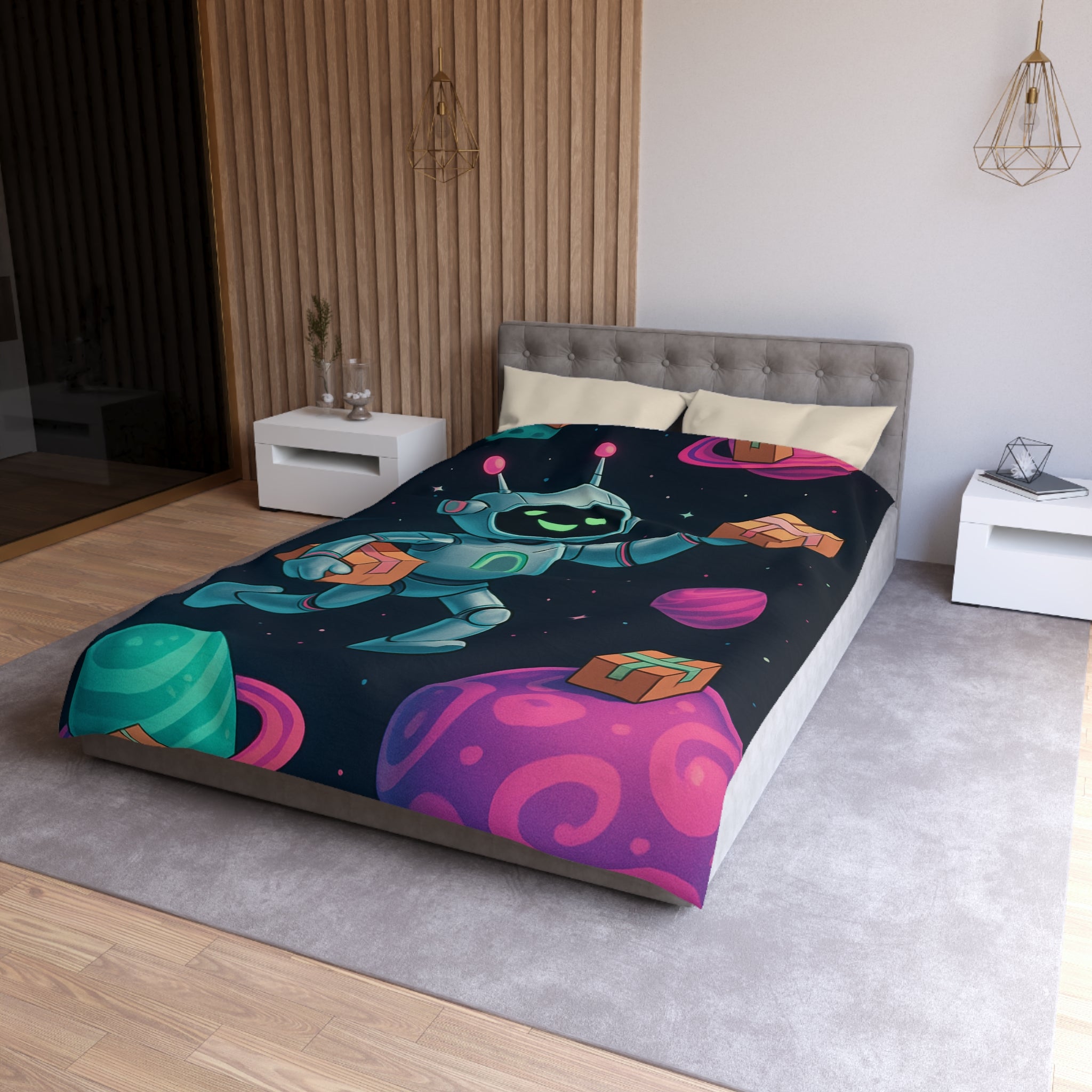 Housse de Couette Spatiale avec Robot Jovial et Planètes Colorées pour Enfants