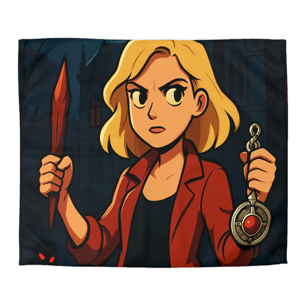 Housse de couette mystérieuse avec scène de château effrayant, pleine lune et silhouette combattive