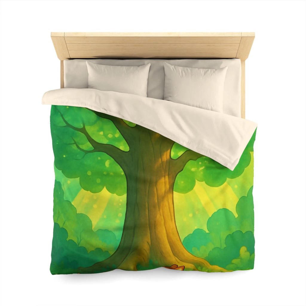 Charmante forêt enchantée avec animaux espiègles sous un majestueux arbre scintillant illustré