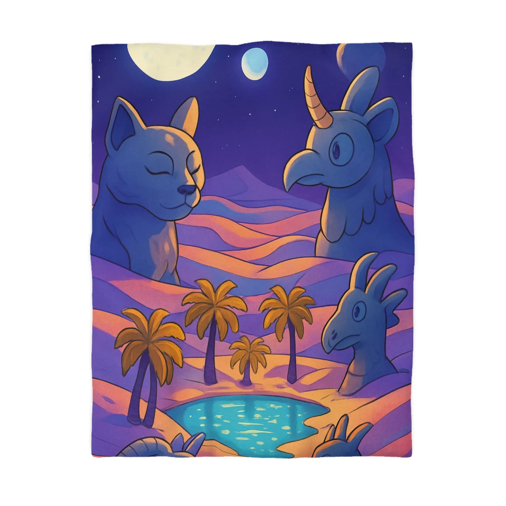 Housse de Couette Fantaisie Animaux Mystiques Sous Lune et Palmiers Étoilés