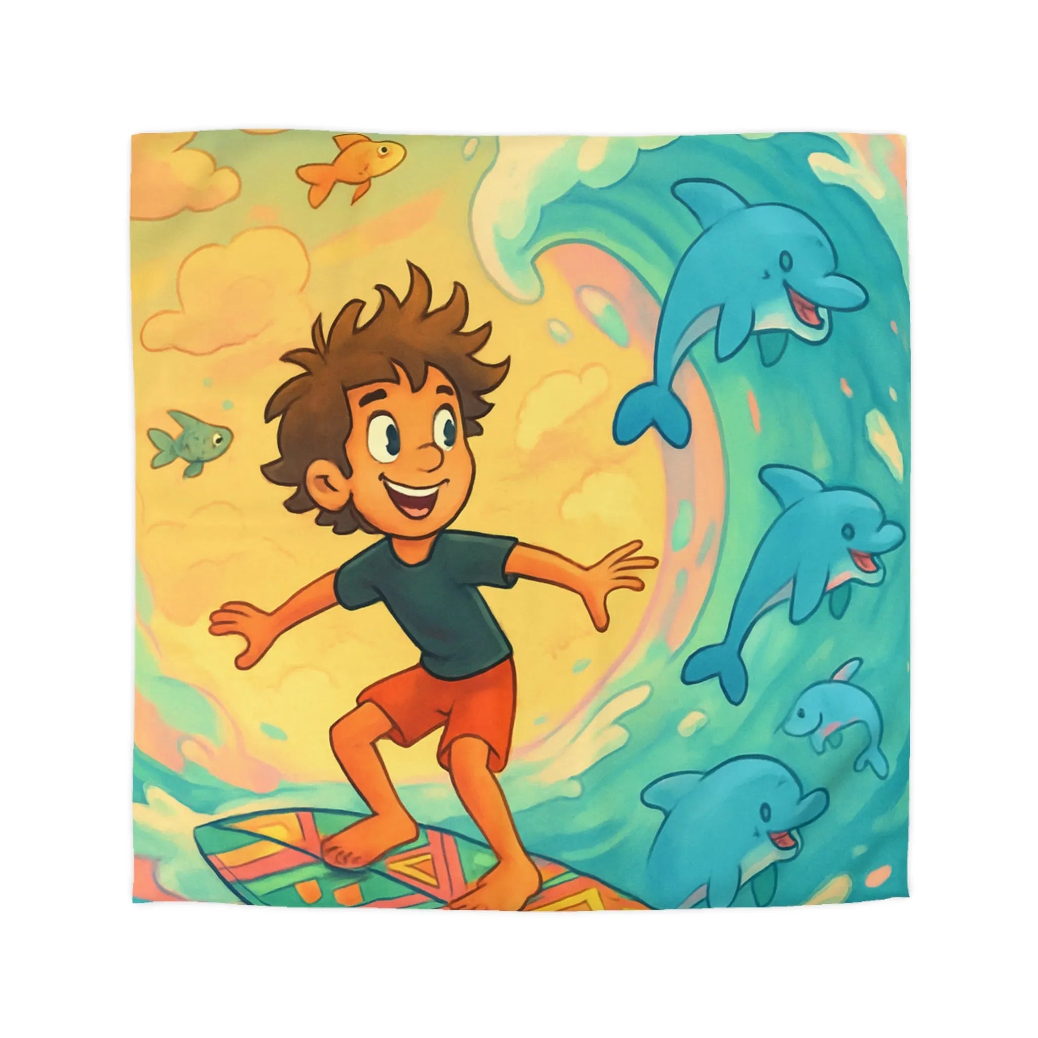 Housse de couette enfantine avec surf, dauphins joyeux et couleurs vives, ambiance océane