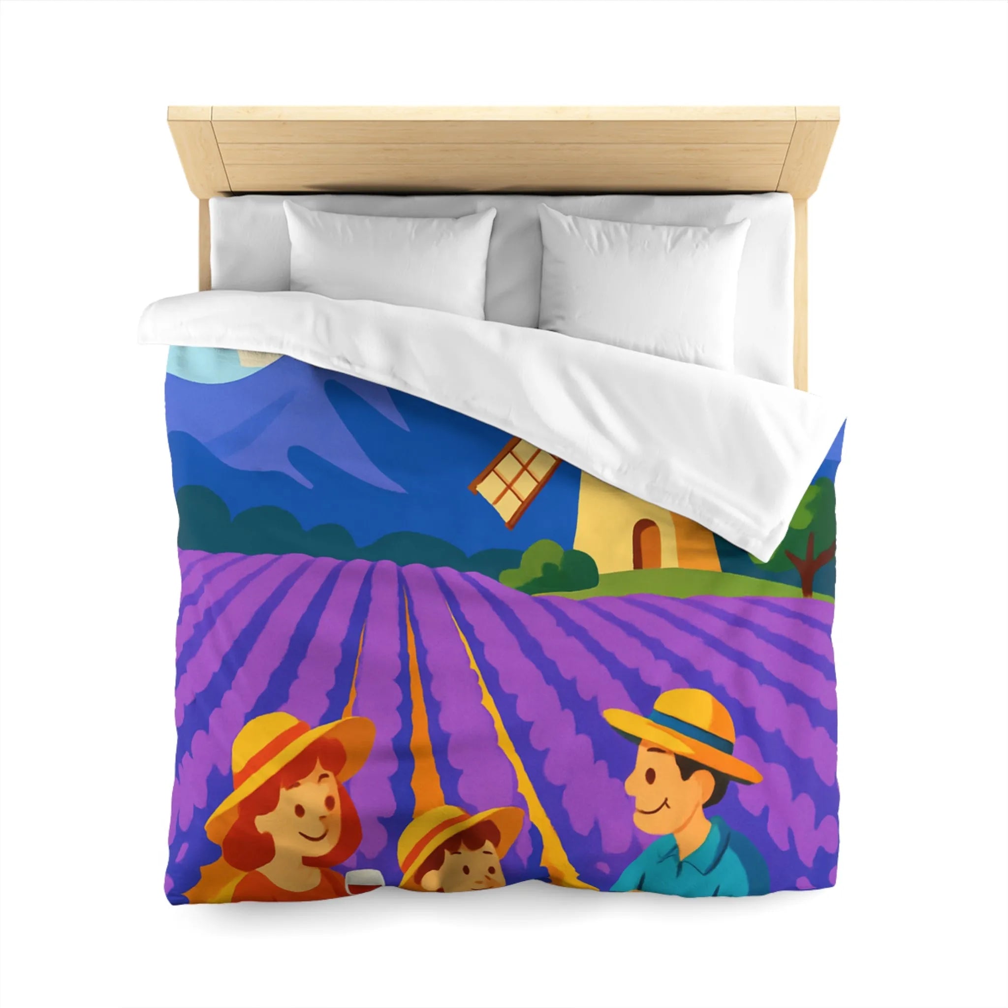 Housse de Couette Illustrée Scène de Pique-Nique en Provence avec Moulin à Vent