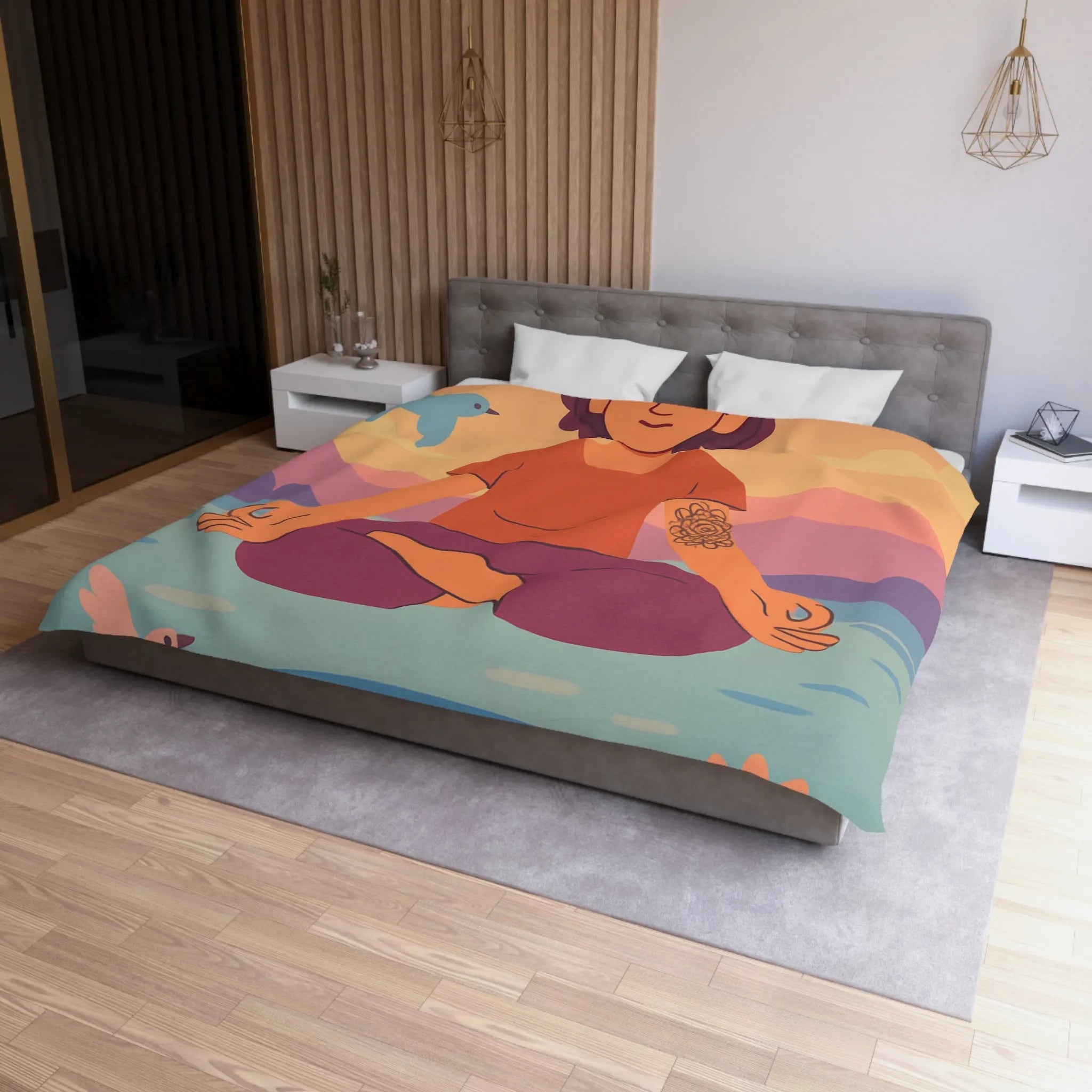 Housse de couette méditative avec motifs paisibles de nature et oiseaux colorés