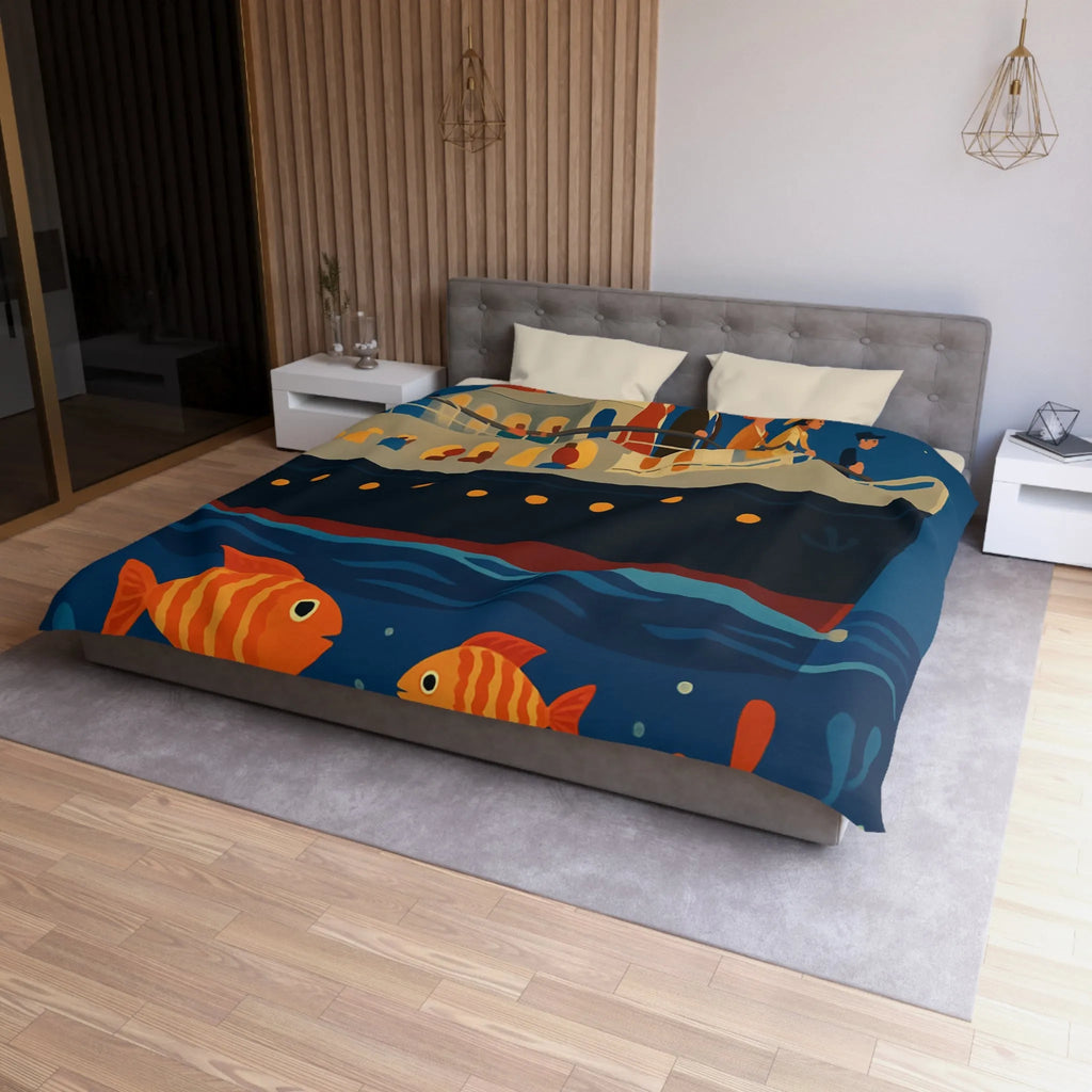 Housse de couette bateau rétro, poissons colorés, ambiance marine, nuit étoilée