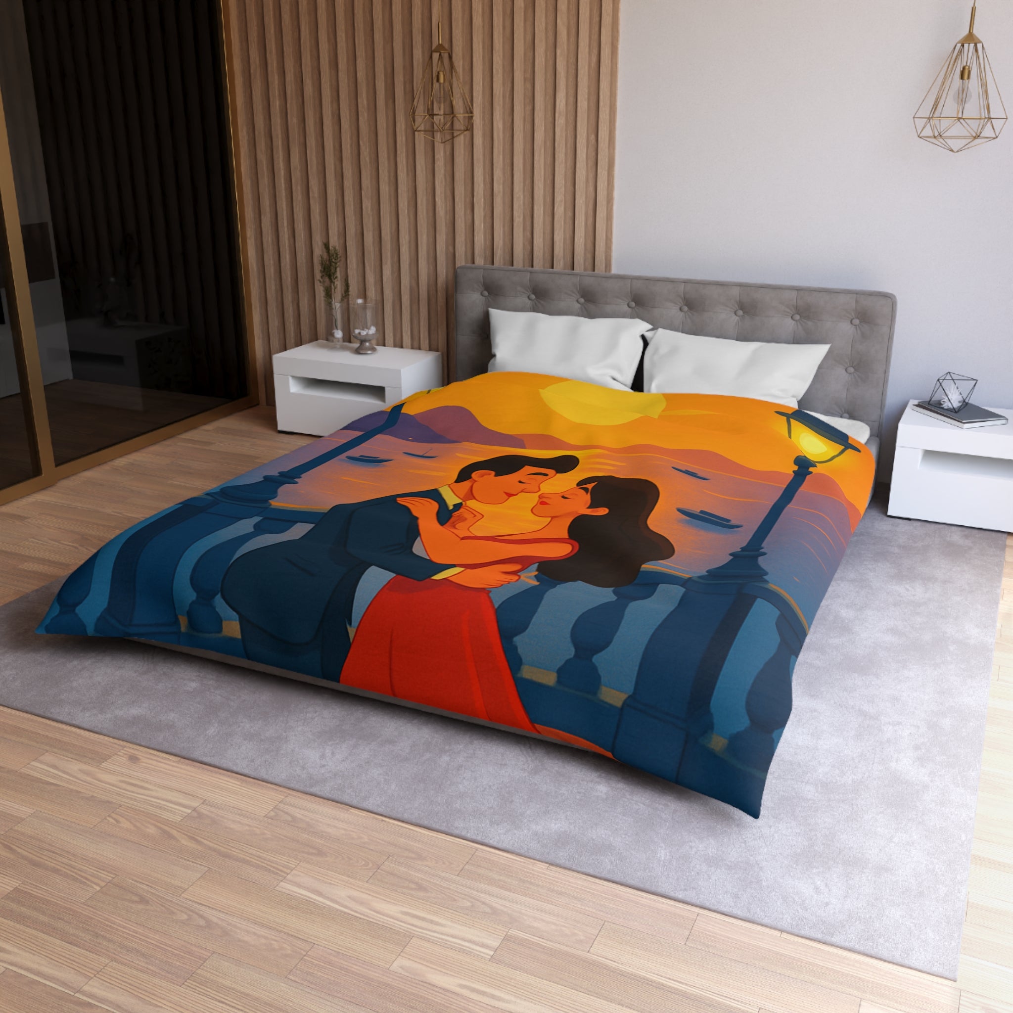 Housse de couette romantique coucher de soleil couple dansant au bord de mer