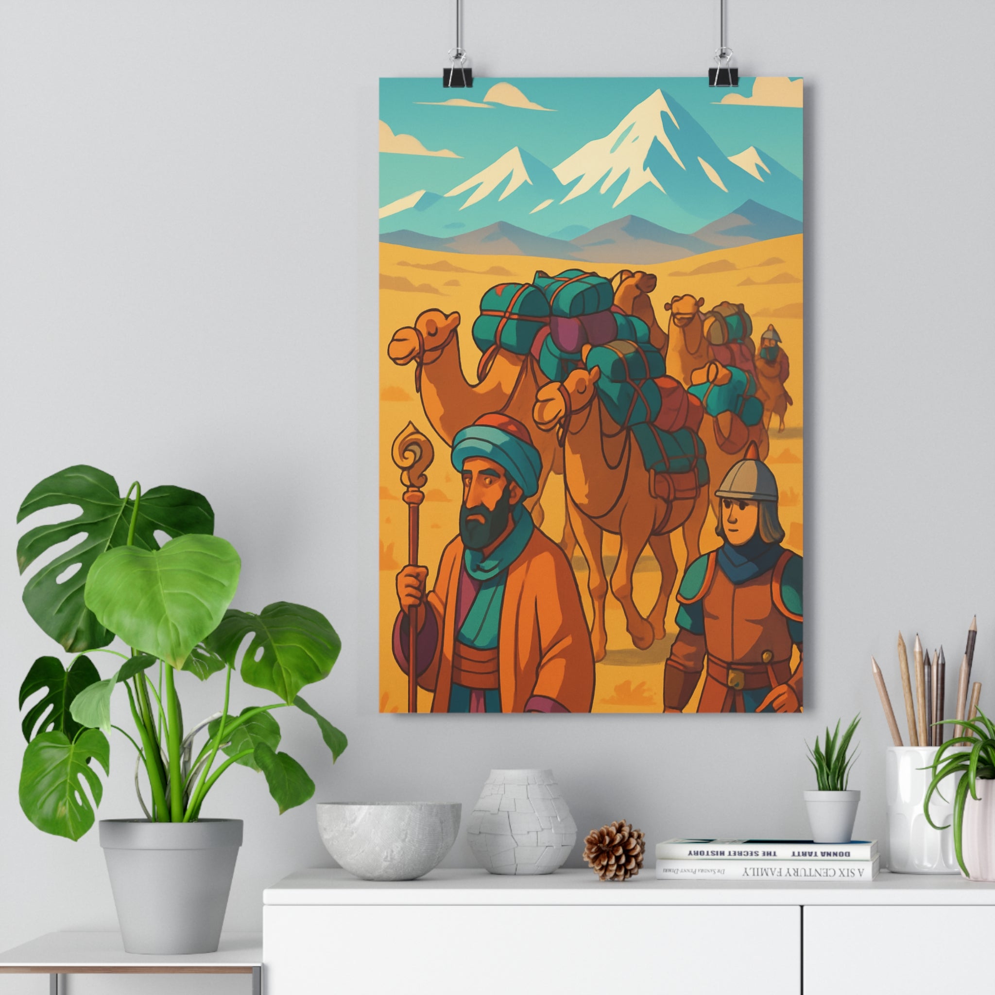Poster décoratif cartoon ocre bleu aventure exotique chambre enfant art mural orientale ambiance cadre