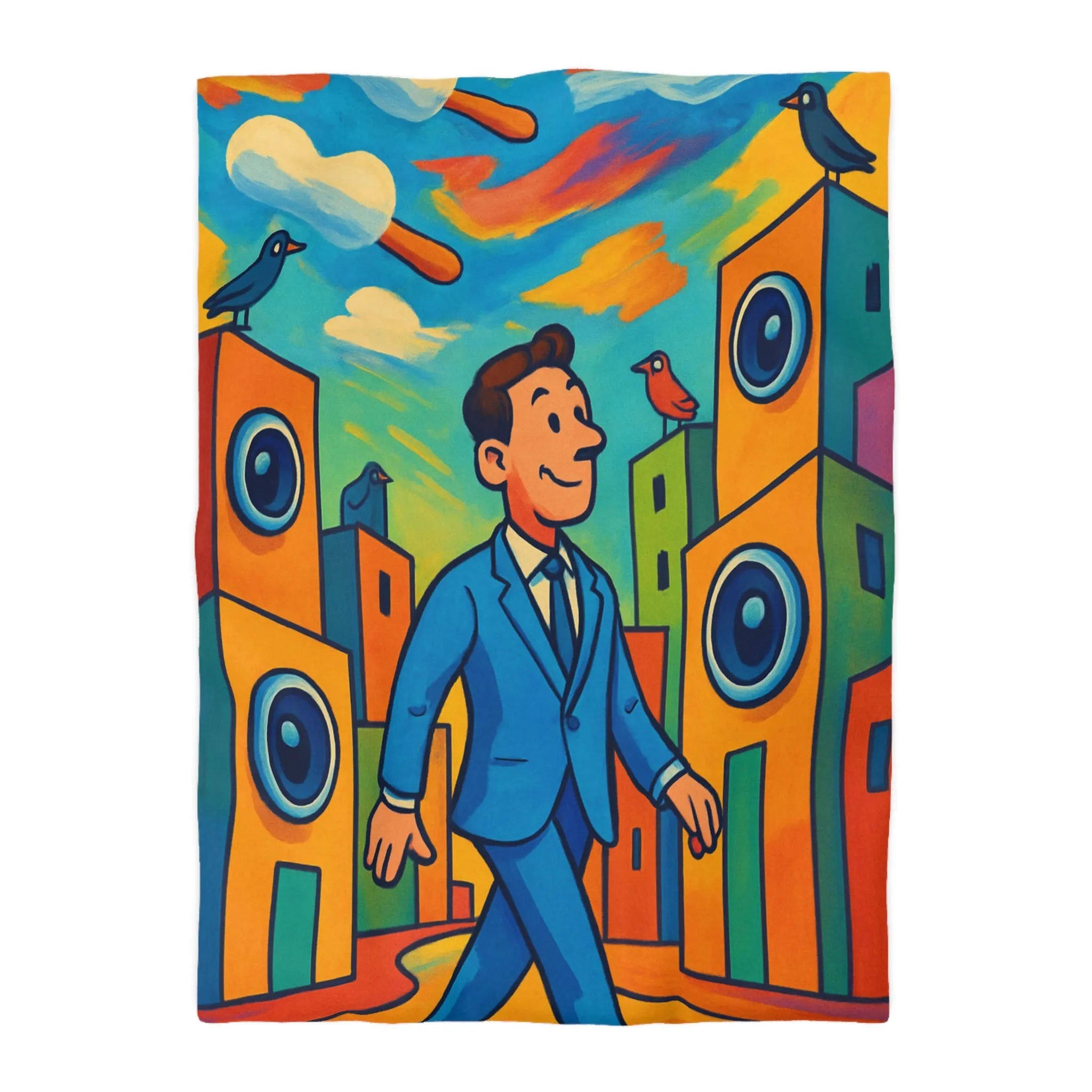 Housse de couette colorée avec homme stylisé marchant dans un paysage urbain coloré