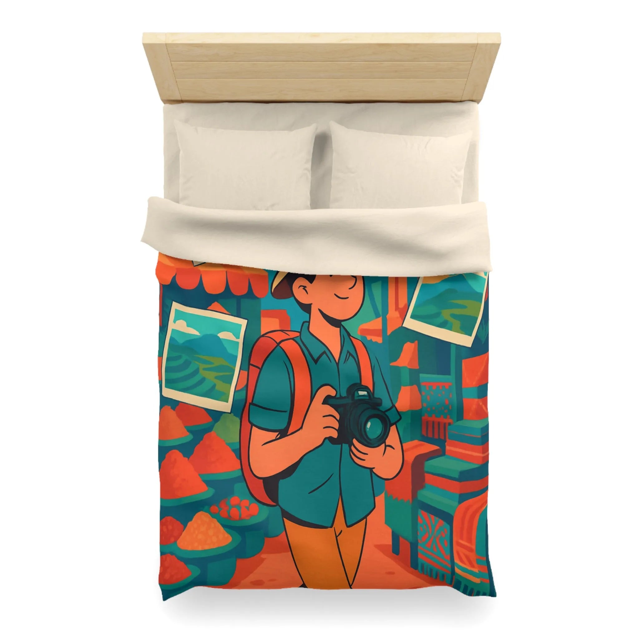 Housse de Couette Colorée avec Voyageur Photographiant un Marché Animé et Vibrant