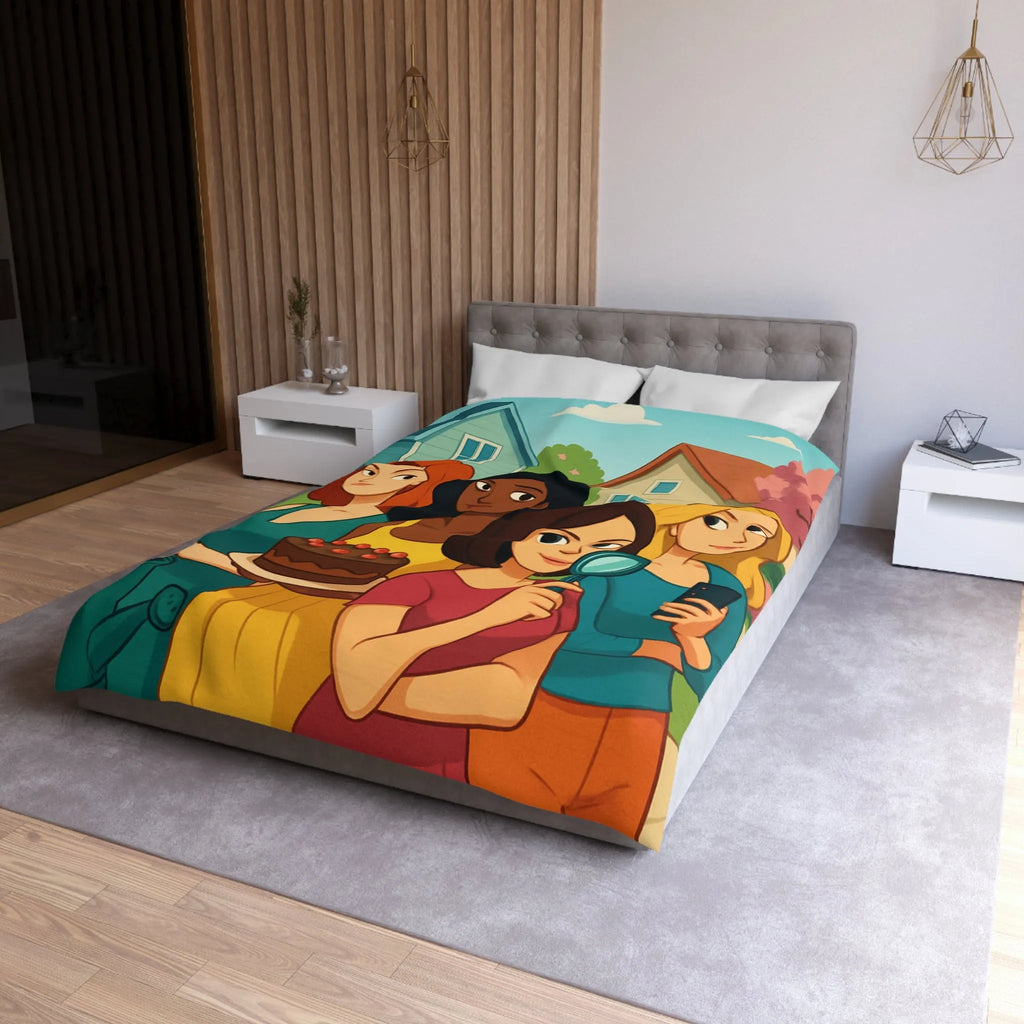 Housse de Couette Illustrée Fête Femme Jardin avec Loupe Gâteau et Téléphone