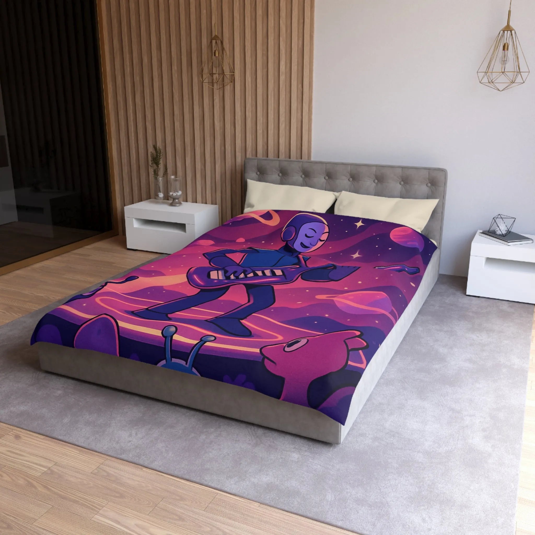 Housse de couette colorée avec astronaute jouant de la guitare dans l’espace cosmique magique