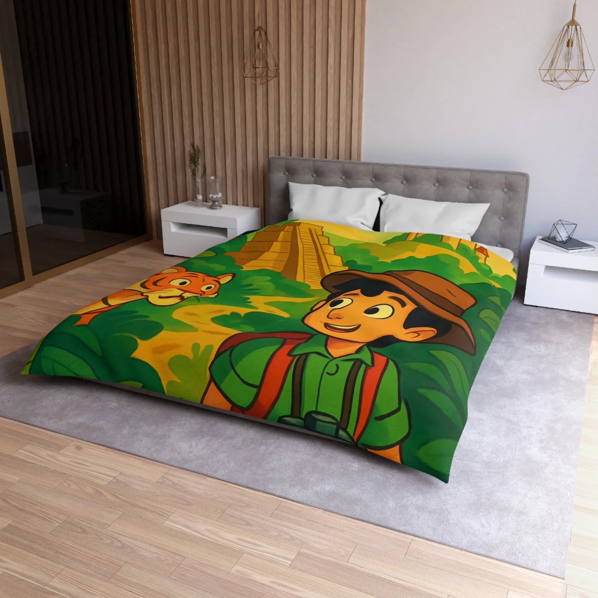 Housse de couette aventure jungle pour enfants avec château et animaux exotiques colorés