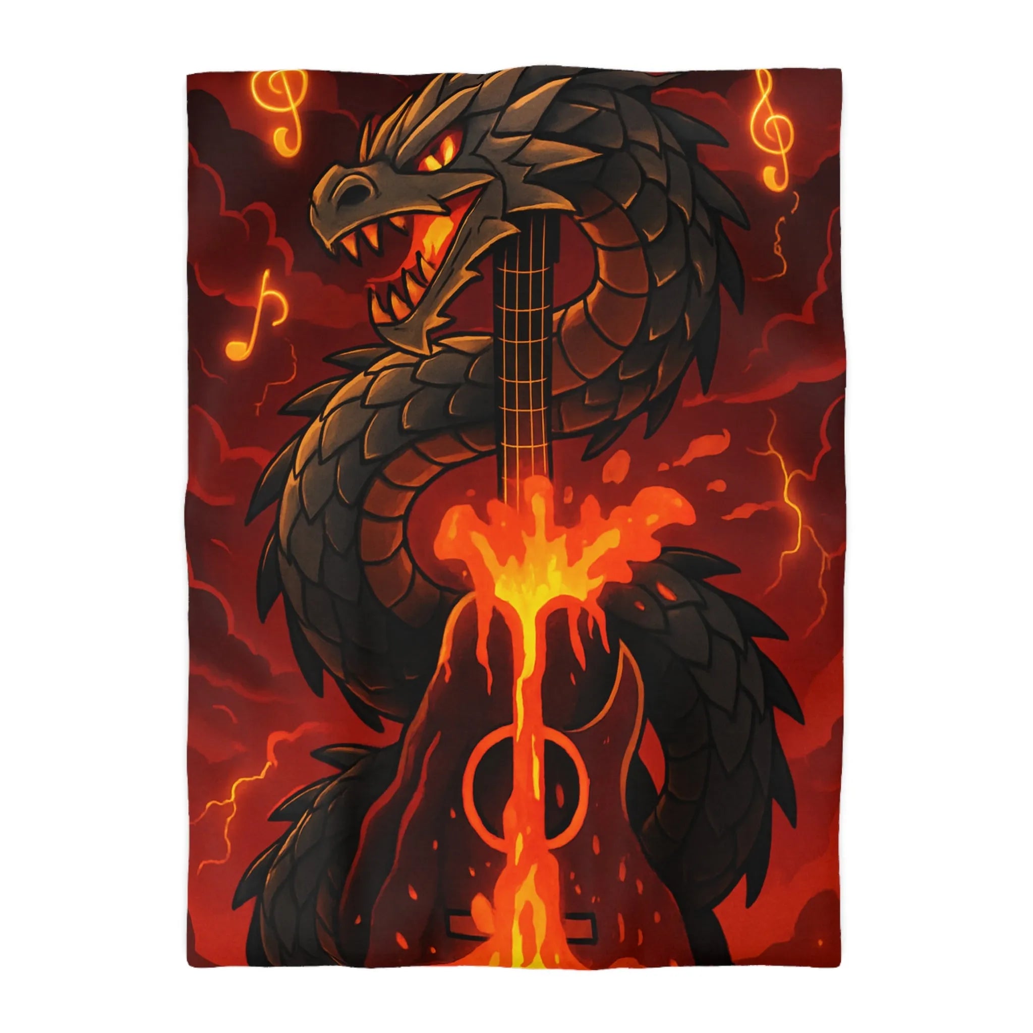 Housse de couette avec dragon noir majestueux et flammes incandescentes, ambiance épique