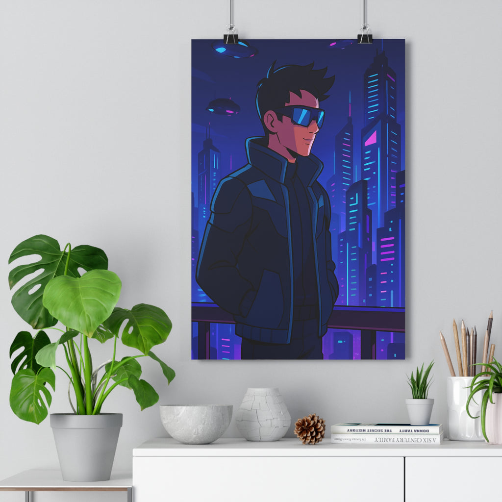 Poster décoratif néon urbain futuriste cyberpunk bleu rose salon moderne dynamique animé tendance qualité