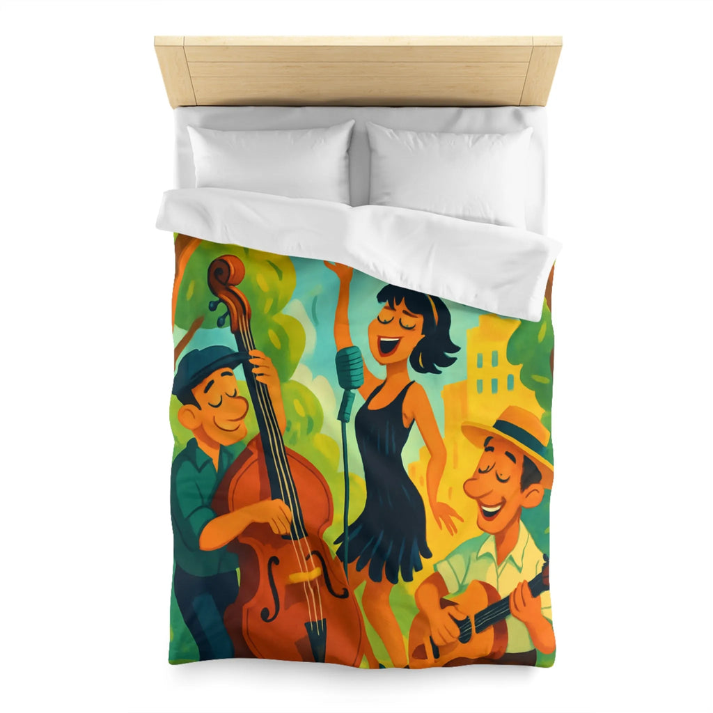 Housse de couette colorée avec scène musicale rétro dans un parc ensoleillé