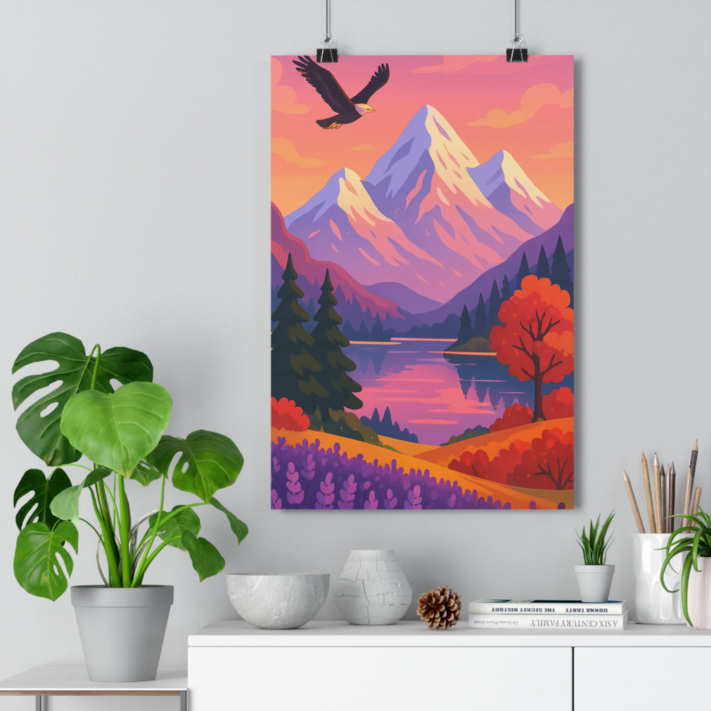 Poster décoratif montagne paisible coucher soleil anime coloré salon chambre nature calmant détails aigle