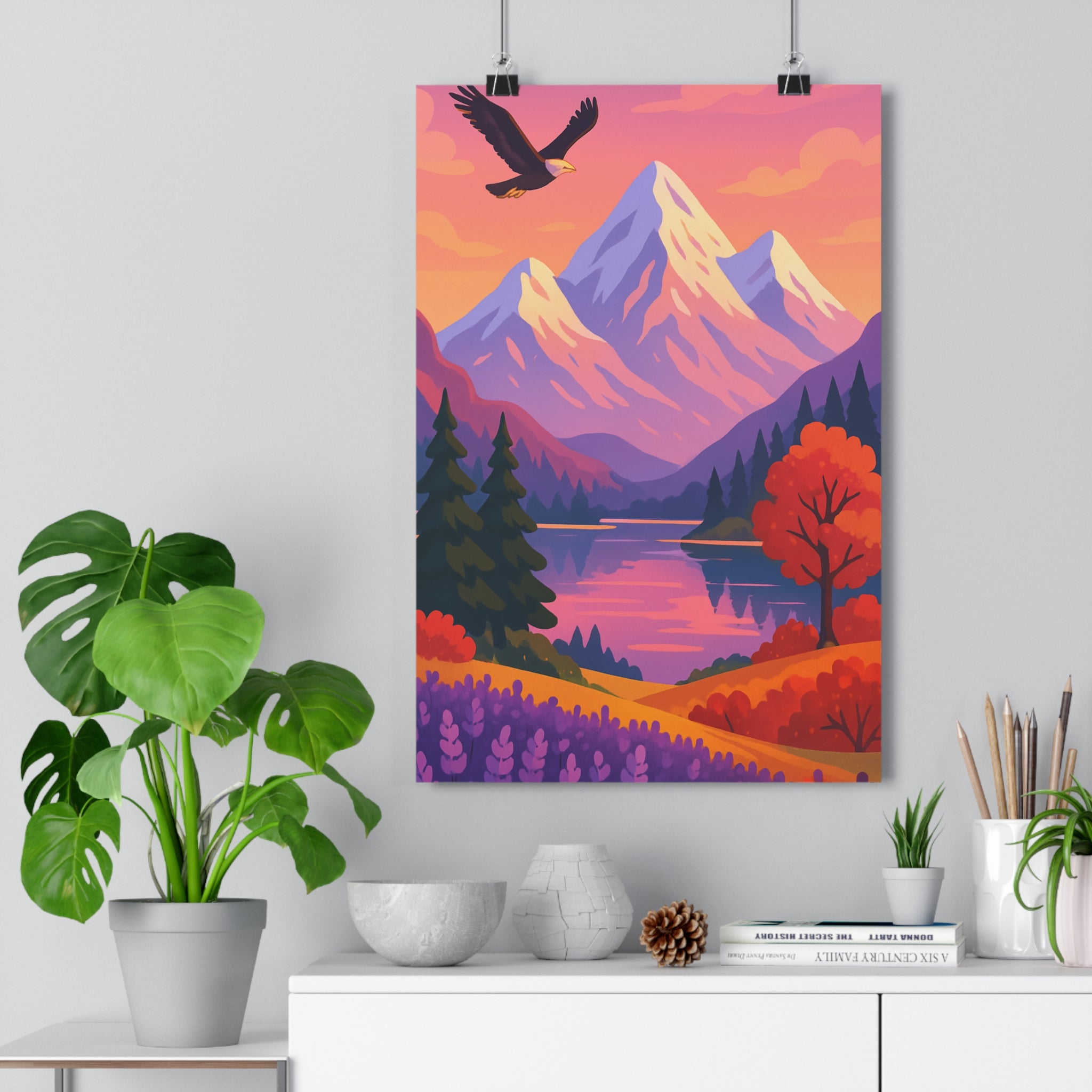 Poster décoratif montagne paisible coucher soleil anime coloré salon chambre nature calmant détails aigle