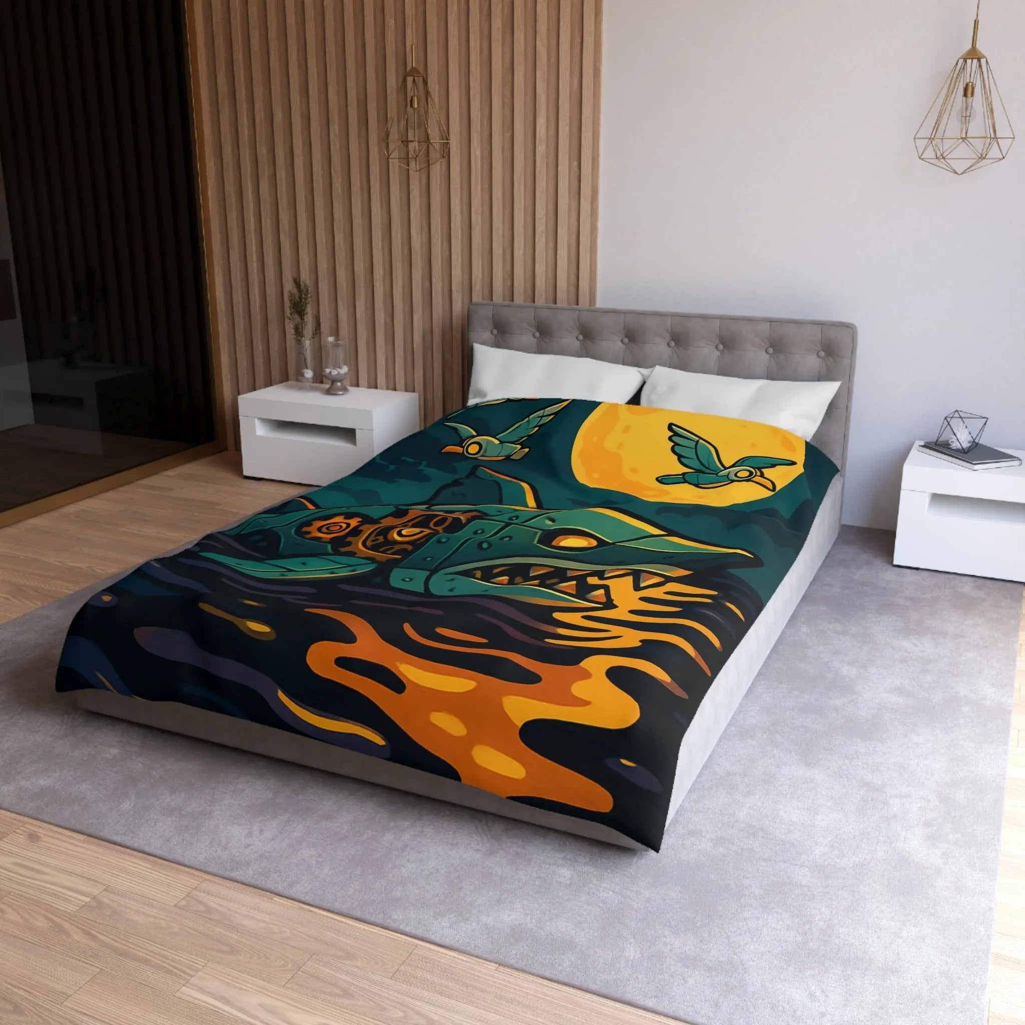Housse de couette colorée avec requin mécanique sous lune dorée et oiseaux stylisés