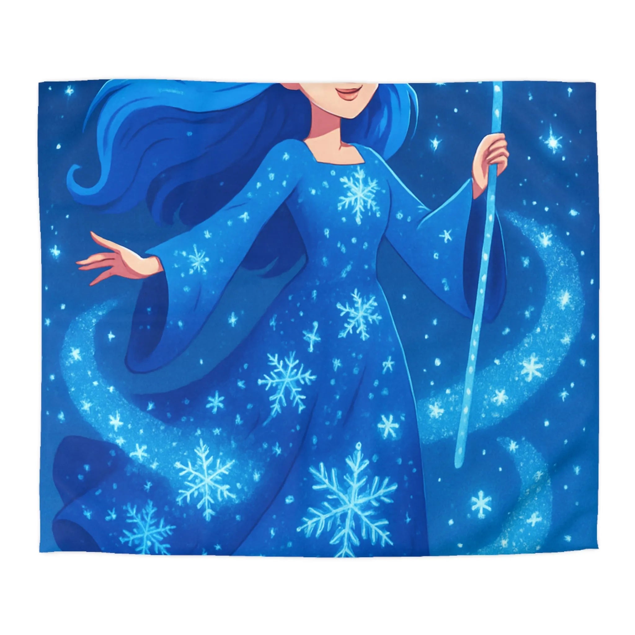 Housse de couette enfantine bleue avec fée magique dans ciel étoilé hivernal