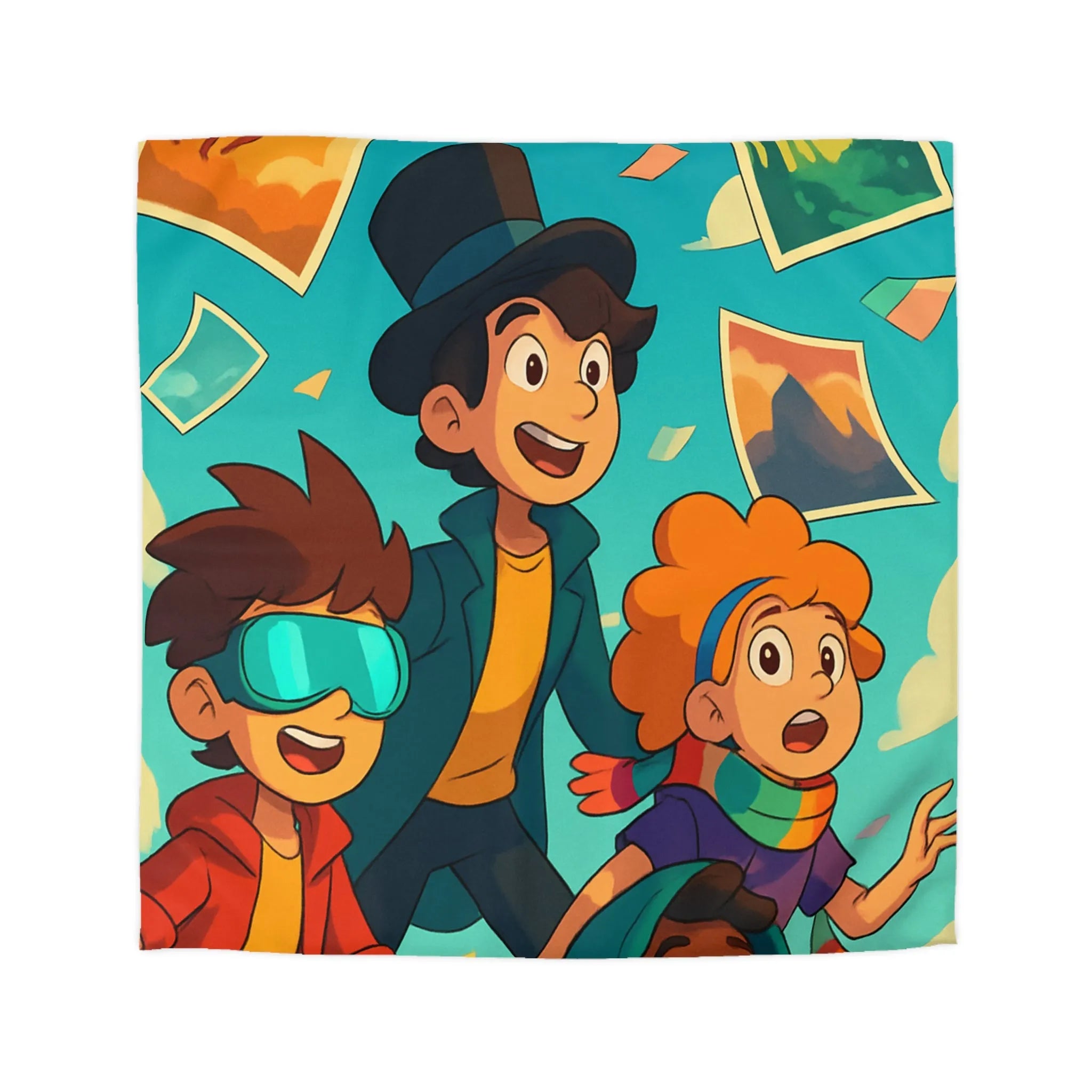 Housse de couette colorée avec enfants explorateurs et illustrations de paysages flottants