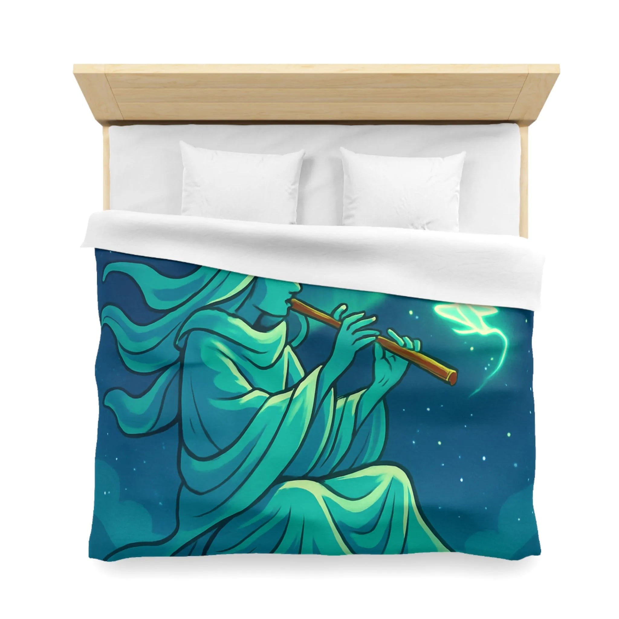 Housse de couette magique avec joueur de flûte créant des formes lumineuses célestes
