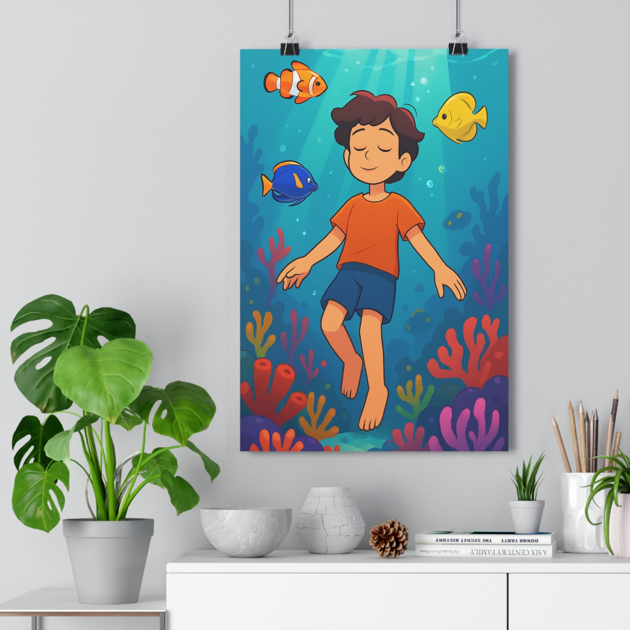 Poster décoratif anime bleu corail marin onirique chambre détente enfant vibrant créatures subaquatiques 30x46