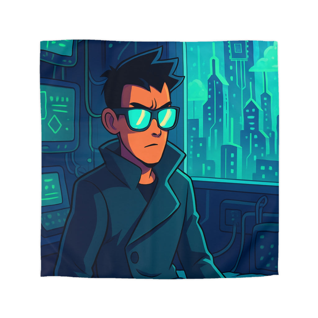 Housse de couette urbaine homme élégant en manteau dans appartement futuriste avec écran