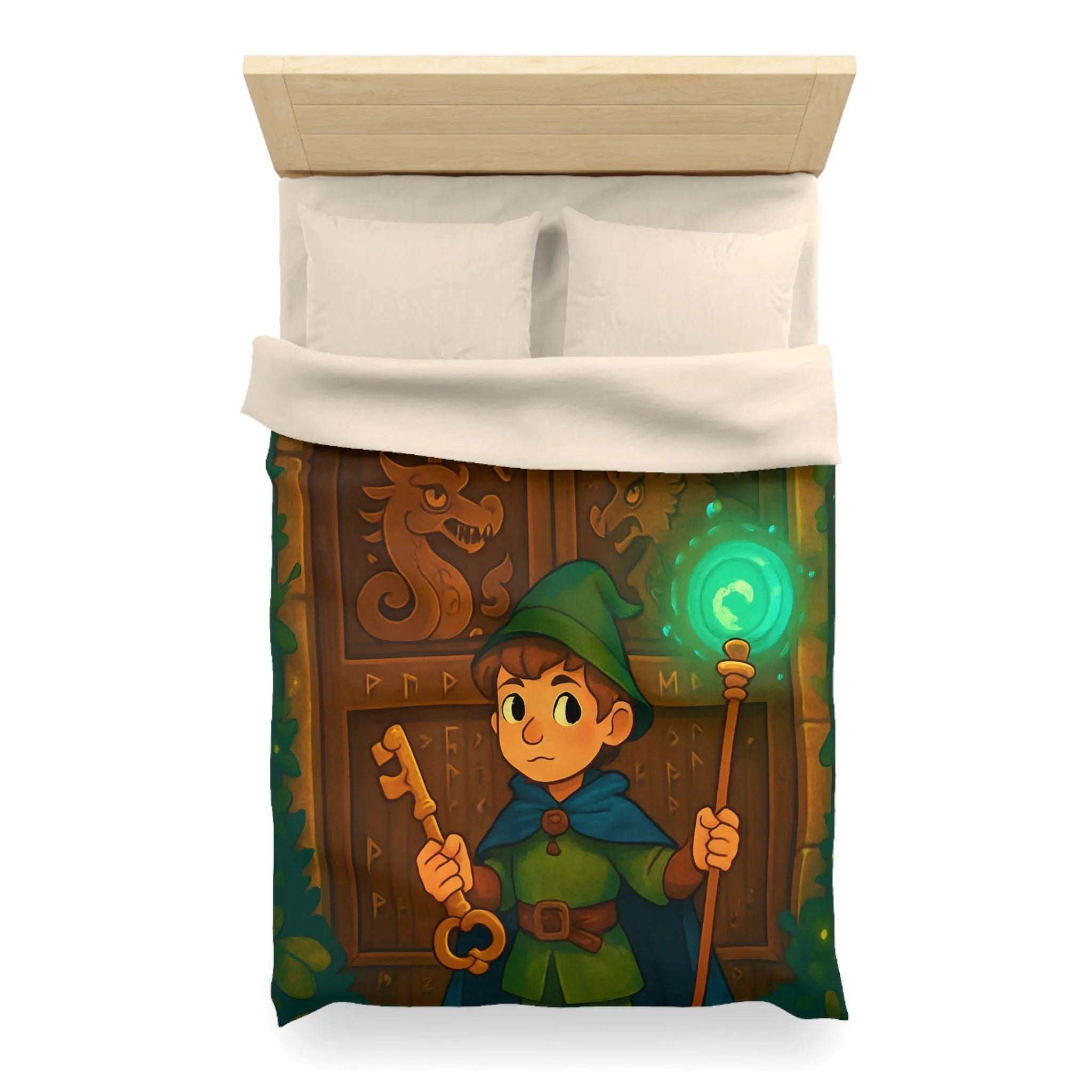 Housse de couette avec illustration enchantée de sorcier devant porte mystérieuse boisée