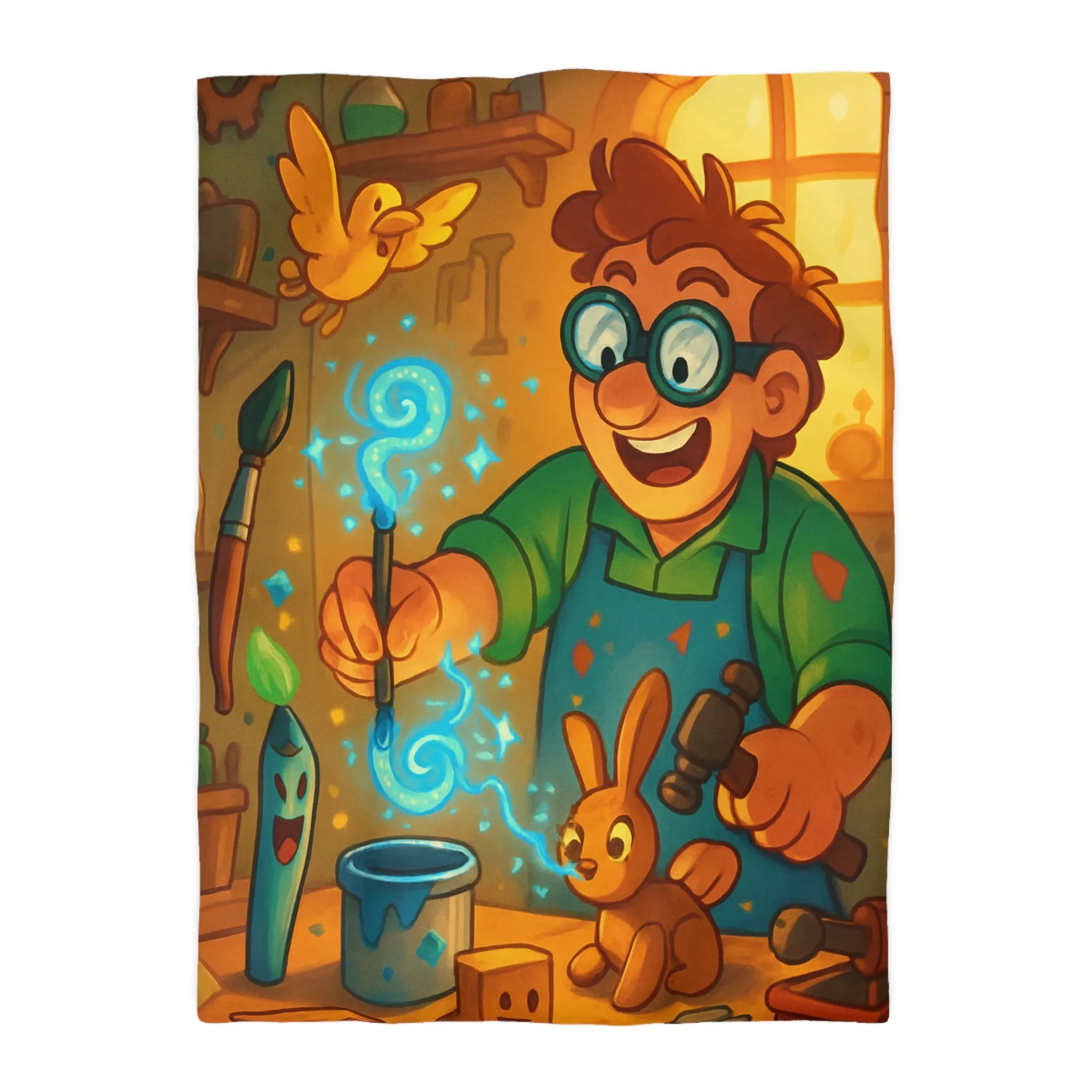 Artisan heureux sculpte figurines magiques dans atelier en bois lumineux et coloré