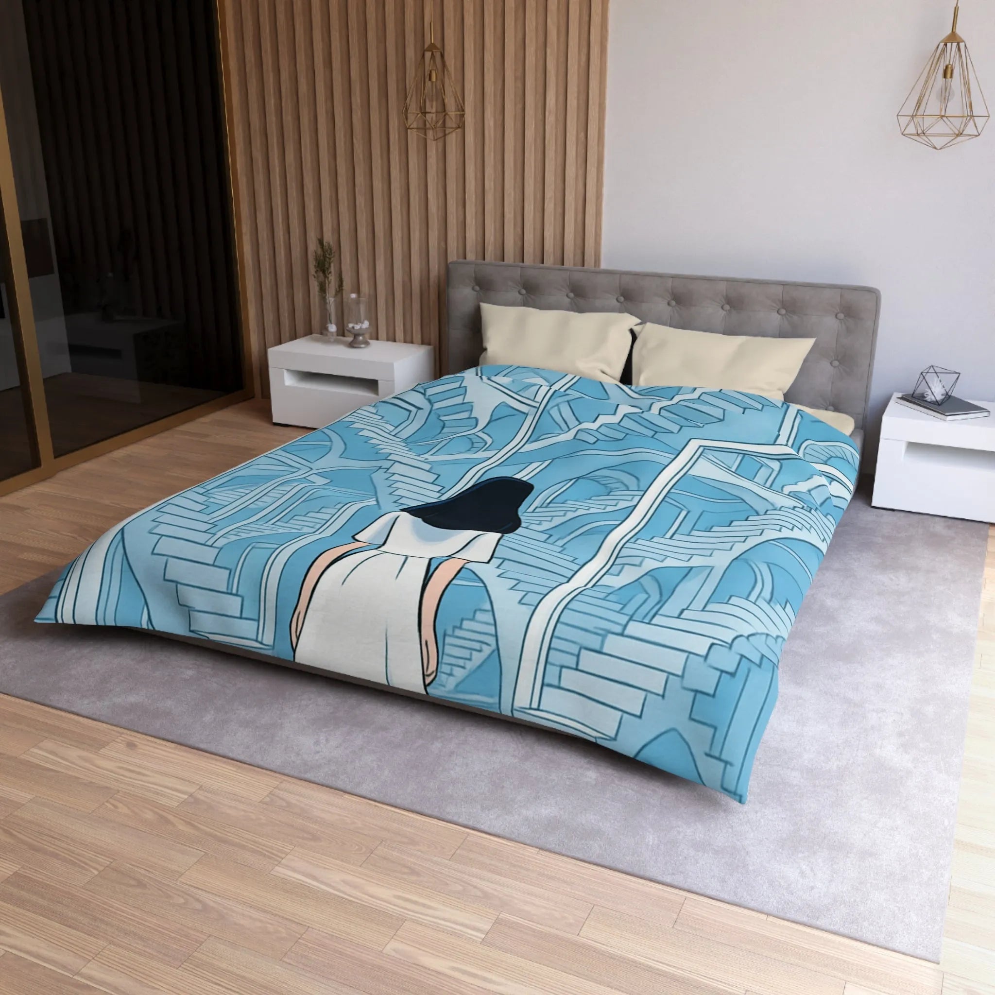 Housse de couette escalier infini en bleu avec femme en robe blanche contemporaine