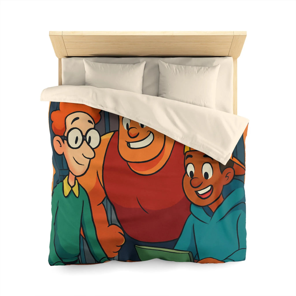 Housse de couette colorée avec plan et personnages animés souriants en arrière-plan