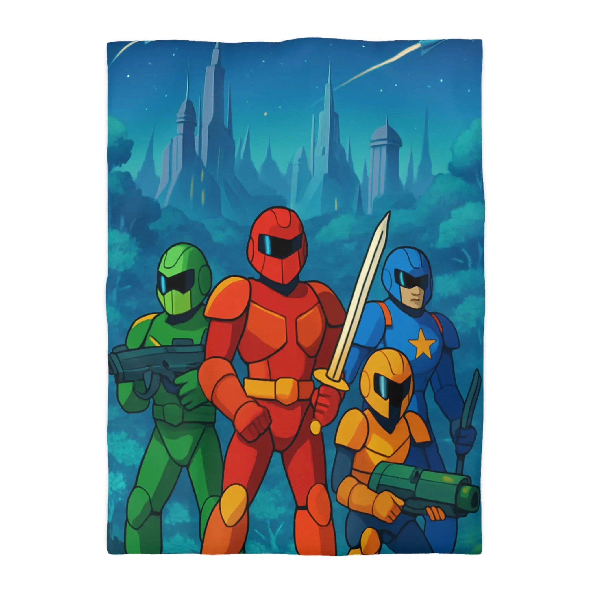 Housse de couette futuriste illustrant héros en armure dans forêt de science-fiction