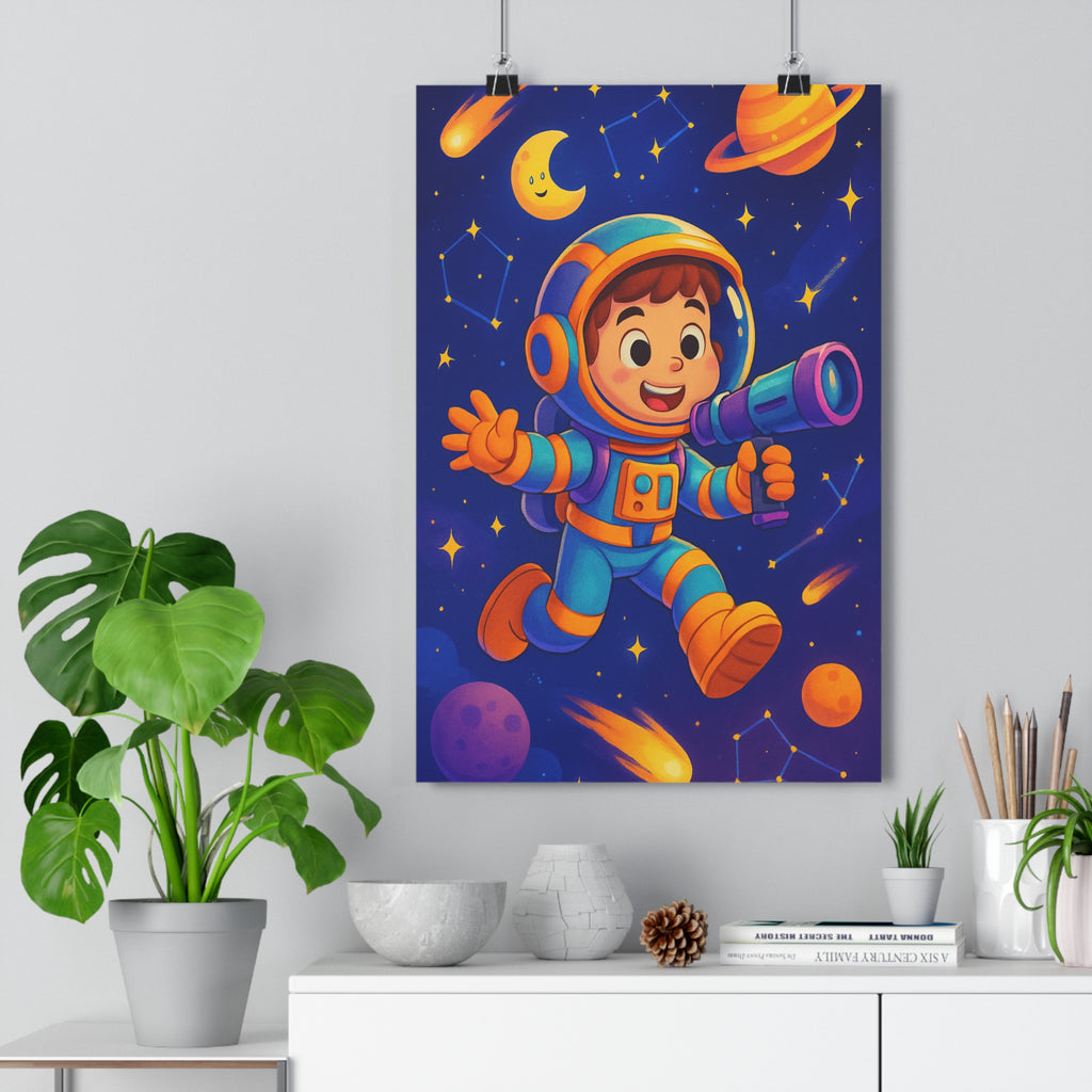 Poster décoratif enfant espace bleu orange violet cartoon ludique mystique constellation aventure ambiance rêveuse