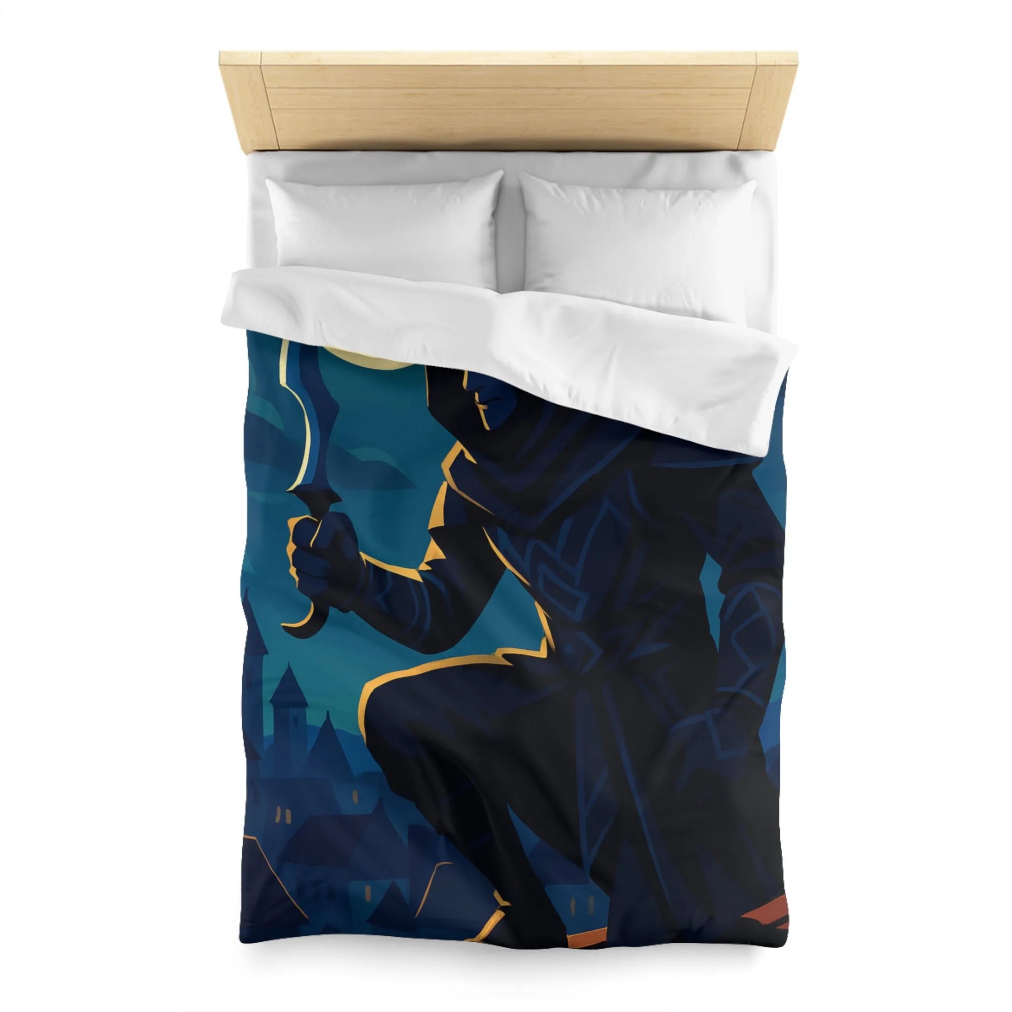 Housse de couette avec silhouette de voleur menaçant sous une pleine lune brillante