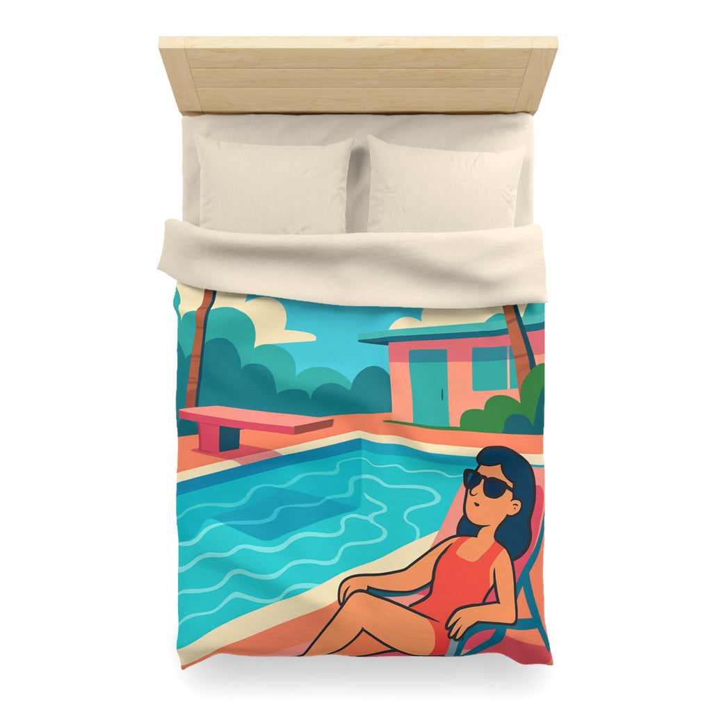 Vibrante housse de couette avec illustration de piscine et palmiers ambiance tropicale