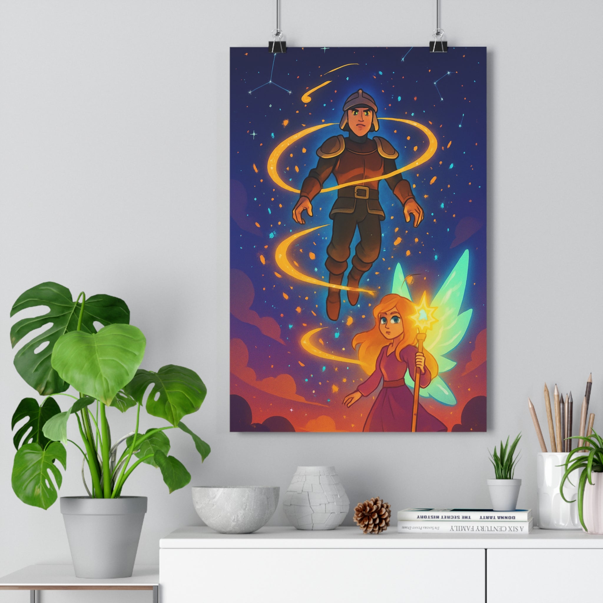 Poster décoratif mystique art céleste bleu orange chambre salon ambiance magique guerrier féminin lumineux