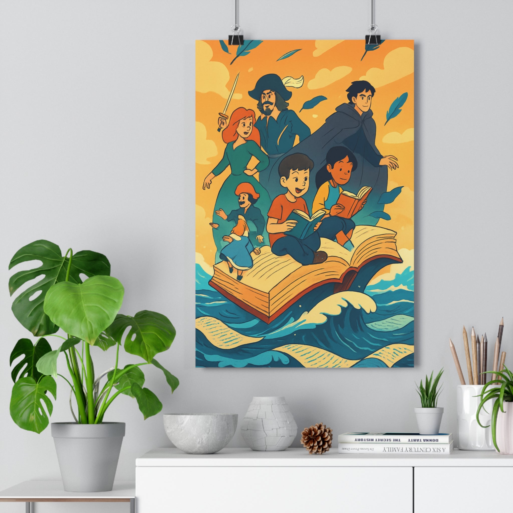 Poster décoratif rêveur enfants lecture aventure bleu orange chambre poétique littéraire mural inspirant magique